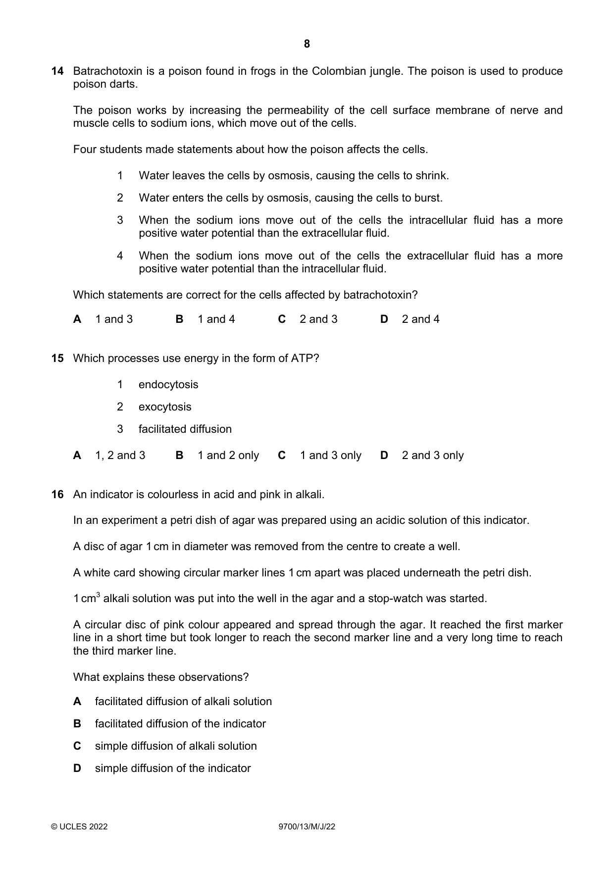 Cambridge A Level Biology 9700 2022 May/June Paper 1 · Variant 3 question paper, page 8 of 20