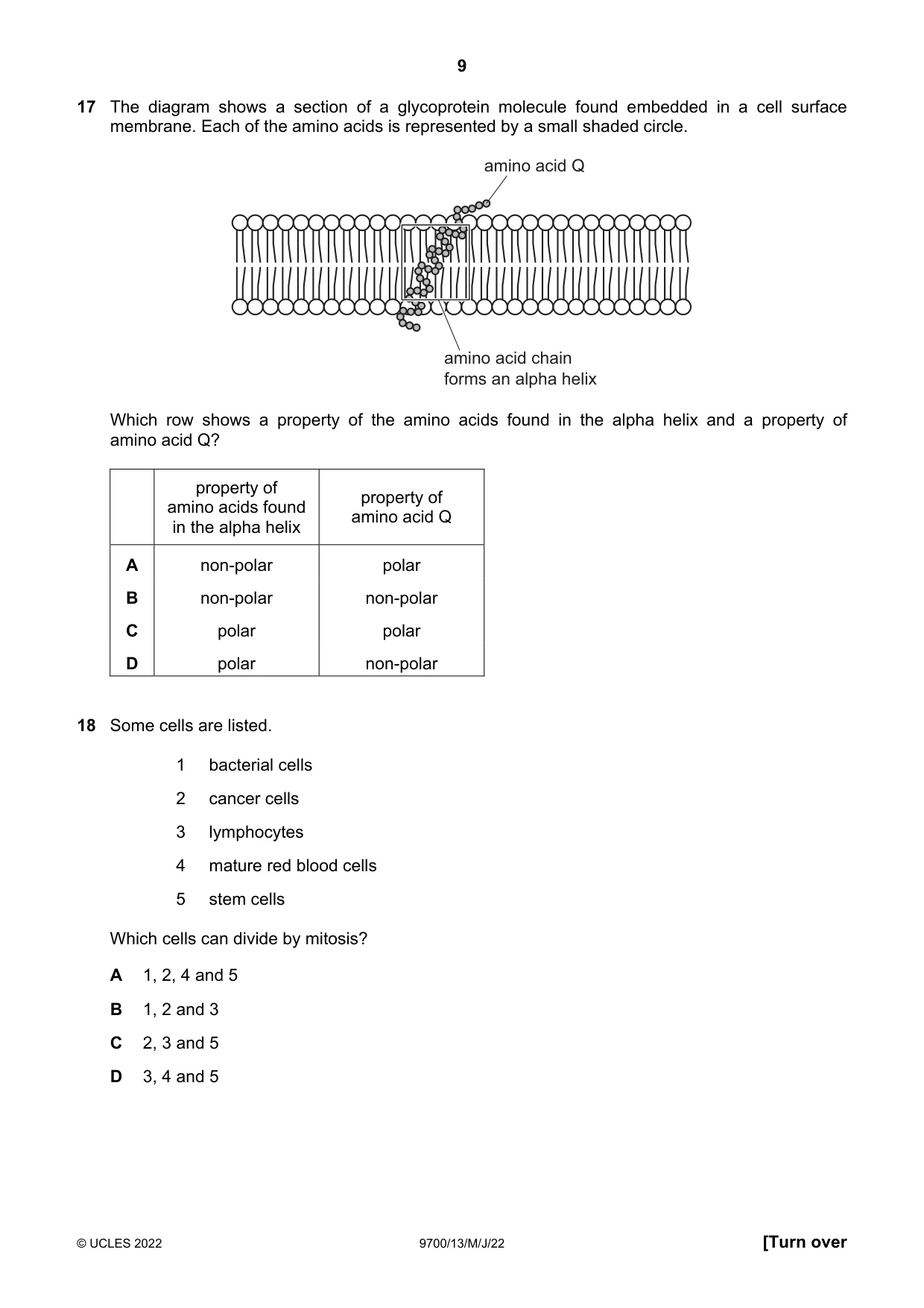 Cambridge A Level Biology 9700 2022 May/June Paper 1 · Variant 3 question paper, page 9 of 20