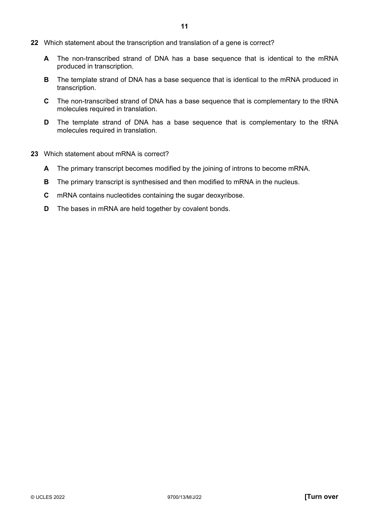 Cambridge A Level Biology 9700 2022 May/June Paper 1 · Variant 3 question paper, page 11 of 20