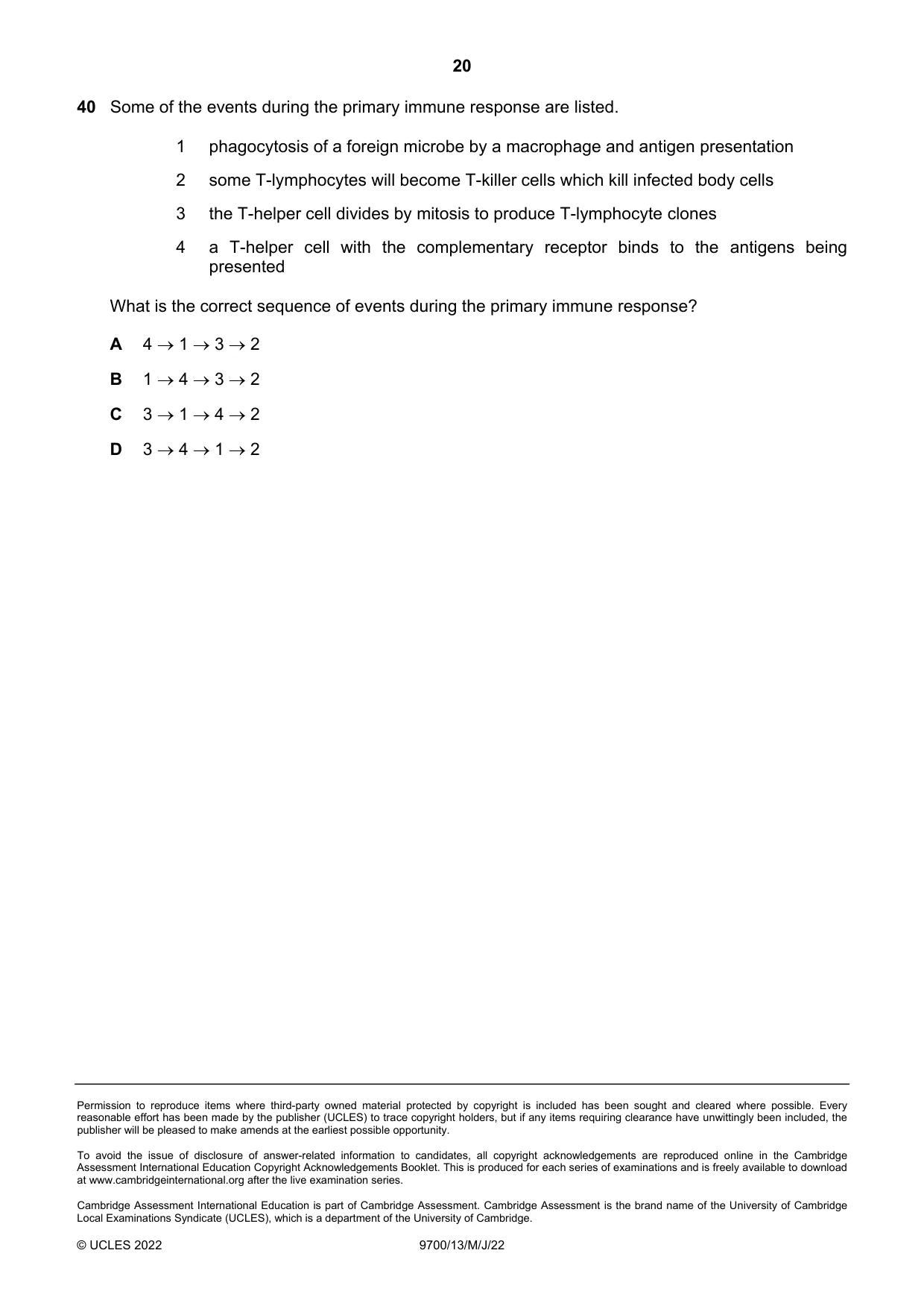 Cambridge A Level Biology 9700 2022 May/June Paper 1 · Variant 3 question paper, page 20 of 20