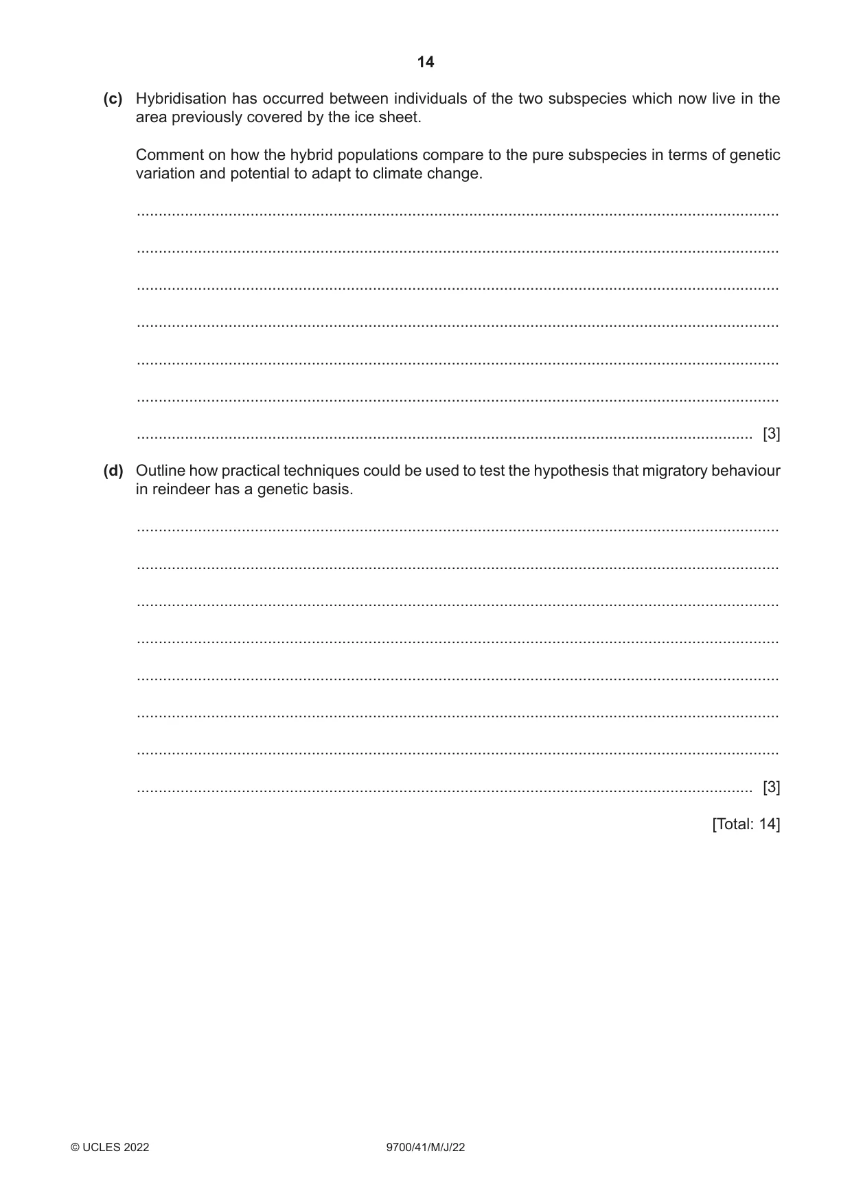 Cambridge A Level Biology 9700 2022 May/June Paper 4 · Variant 1 question paper, page 14 of 24