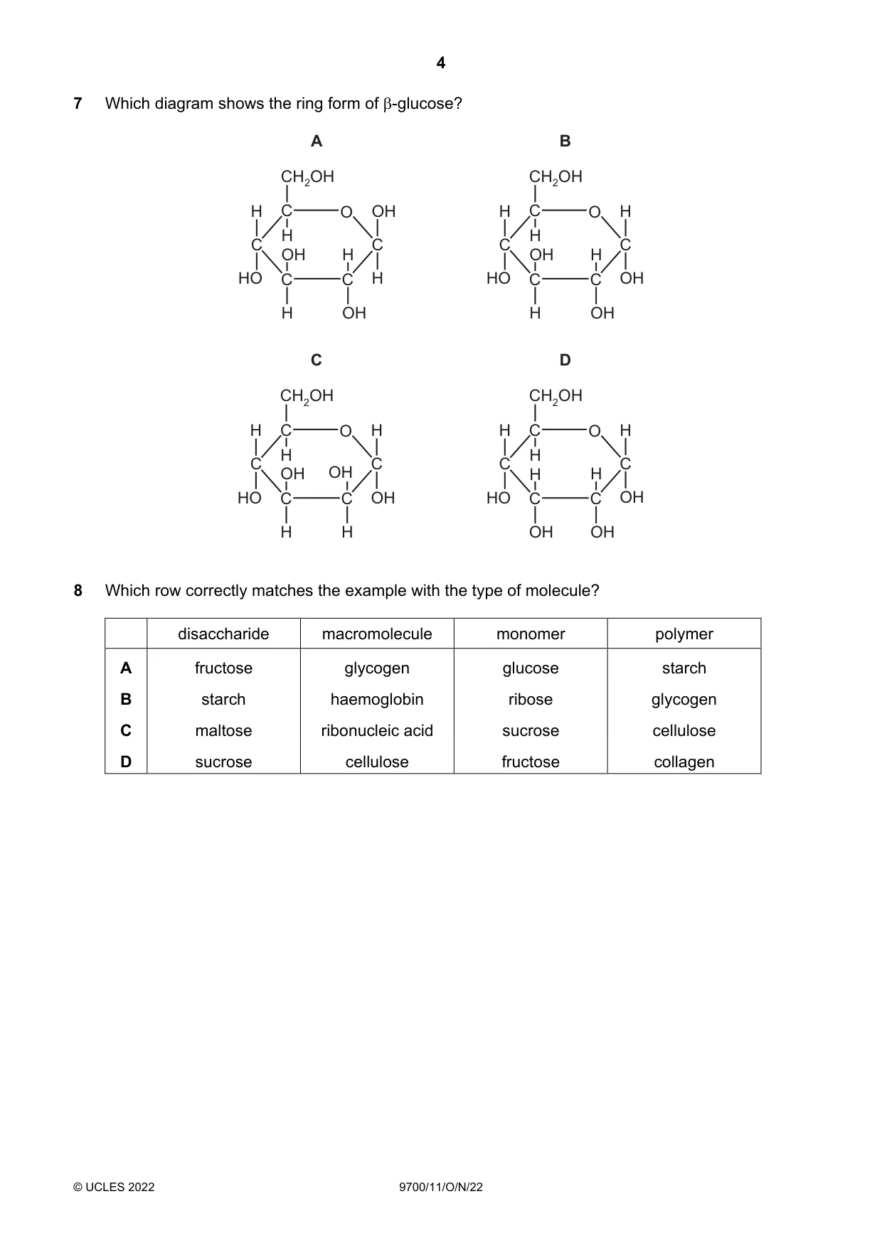 Cambridge A Level Biology 9700 2022 Oct/Nov Paper 1 · Variant 1 question paper, page 4 of 16