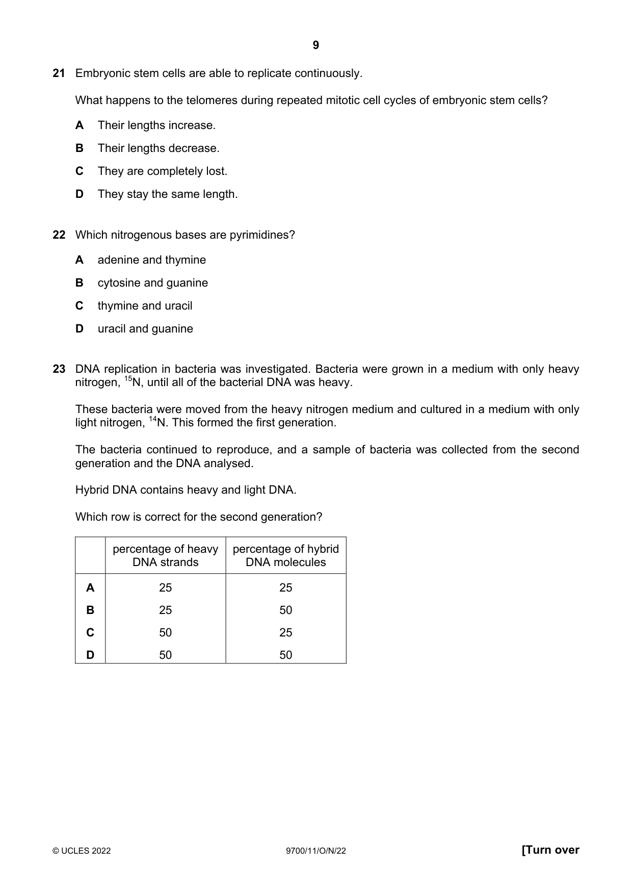 Cambridge A Level Biology 9700 2022 Oct/Nov Paper 1 · Variant 1 question paper, page 9 of 16