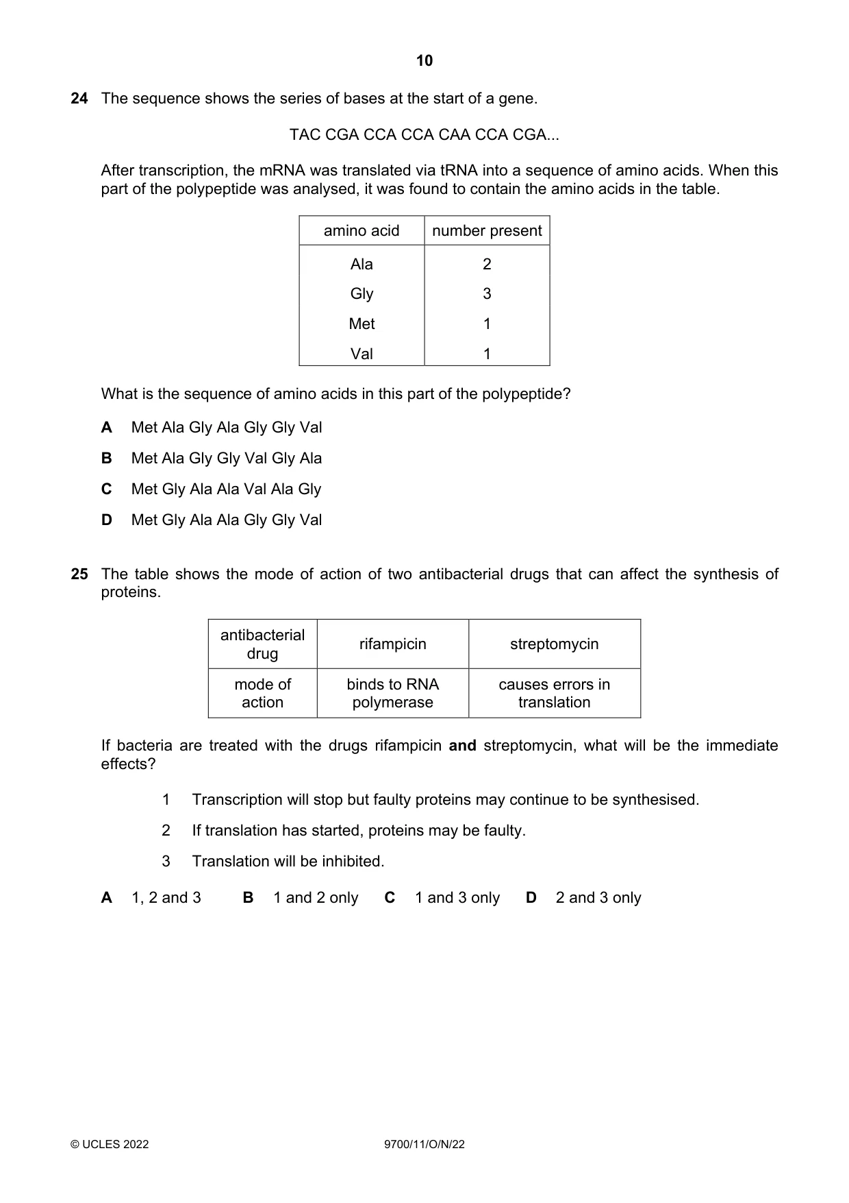 Cambridge A Level Biology 9700 2022 Oct/Nov Paper 1 · Variant 1 question paper, page 10 of 16