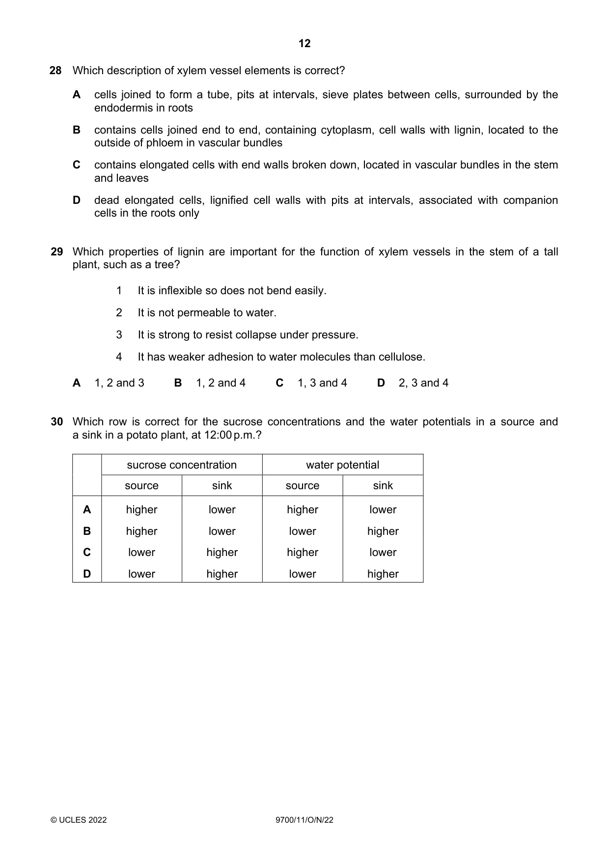 Cambridge A Level Biology 9700 2022 Oct/Nov Paper 1 · Variant 1 question paper, page 12 of 16