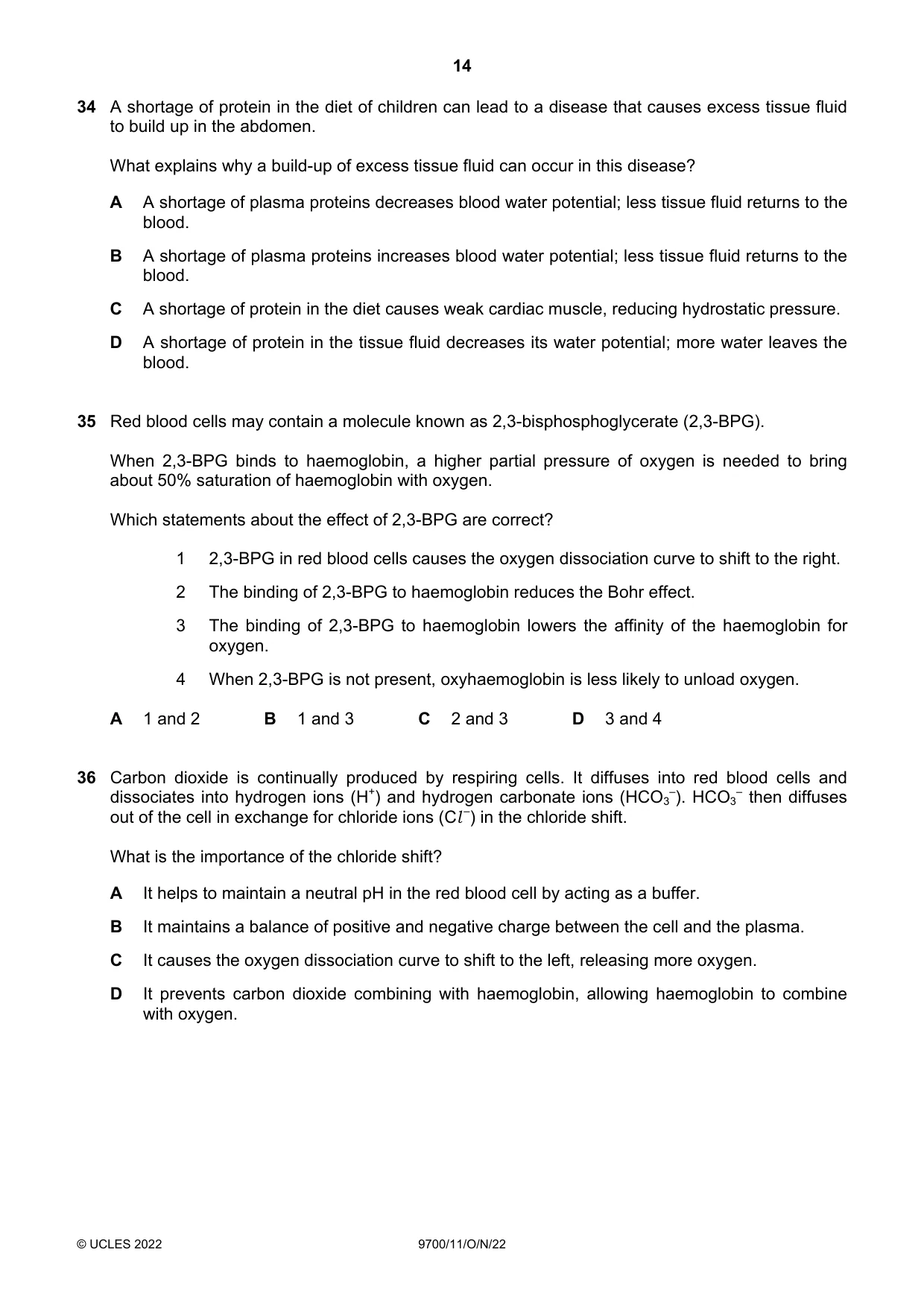 Cambridge A Level Biology 9700 2022 Oct/Nov Paper 1 · Variant 1 question paper, page 14 of 16