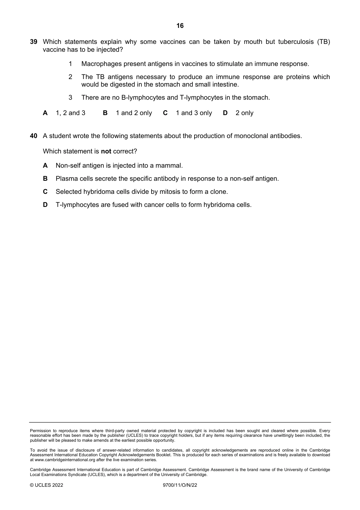 Cambridge A Level Biology 9700 2022 Oct/Nov Paper 1 · Variant 1 question paper, page 16 of 16