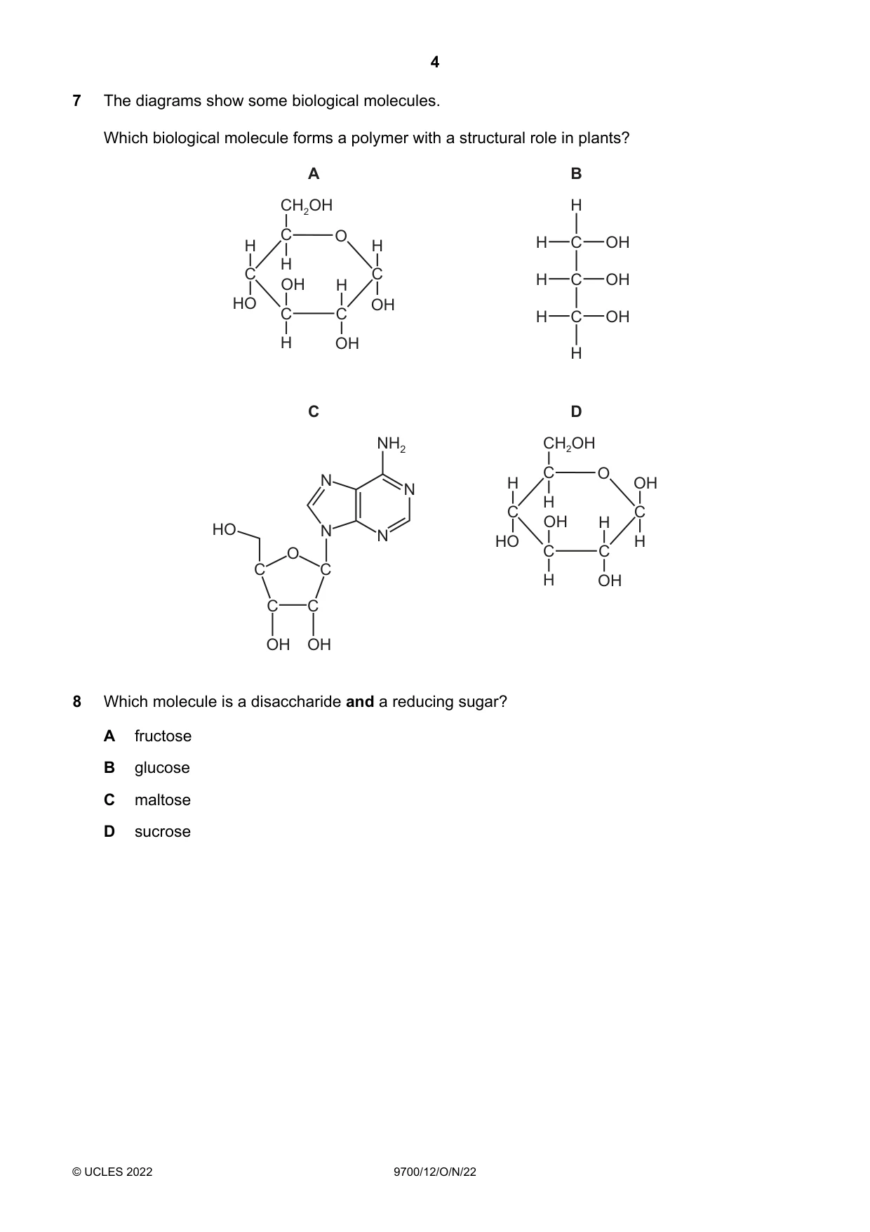 Cambridge A Level Biology 9700 2022 Oct/Nov Paper 1 · Variant 2 question paper, page 4 of 16