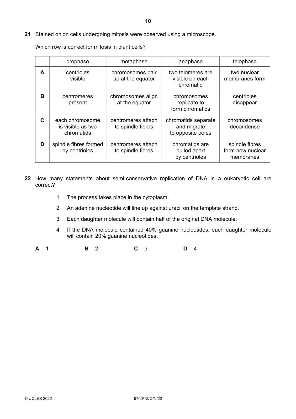Cambridge A Level Biology 9700 2022 Oct/Nov Paper 1 · Variant 2 question paper, page 10 of 16