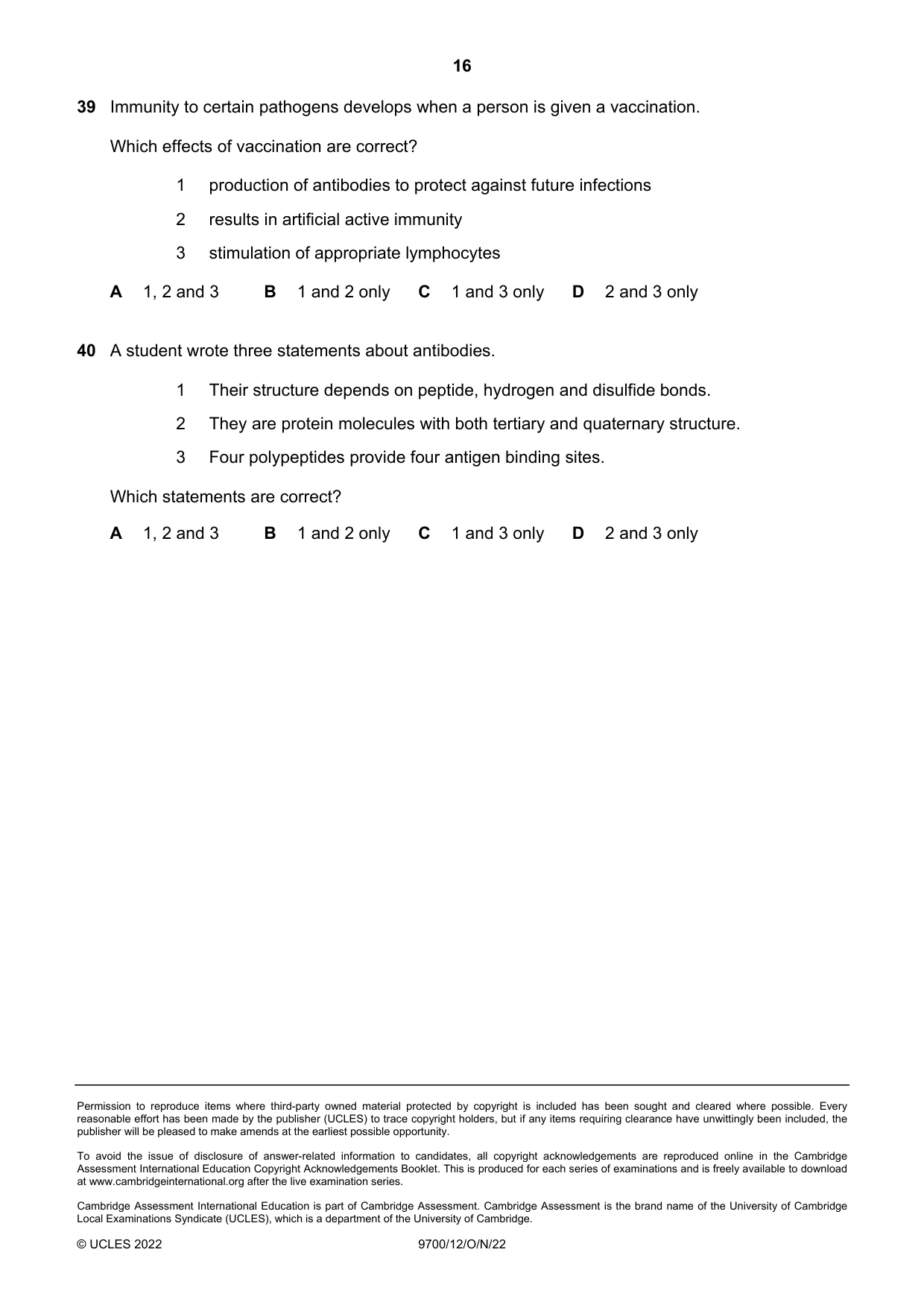 Cambridge A Level Biology 9700 2022 Oct/Nov Paper 1 · Variant 2 question paper, page 16 of 16