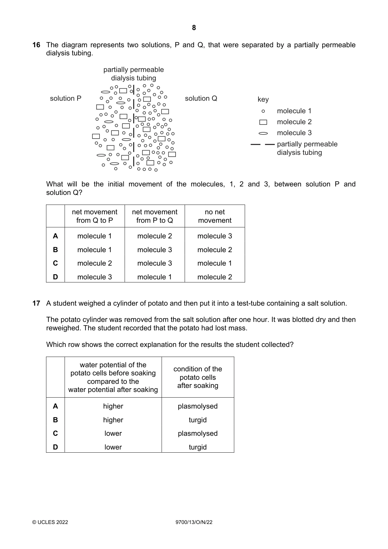 Cambridge A Level Biology 9700 2022 Oct/Nov Paper 1 · Variant 3 question paper, page 8 of 20