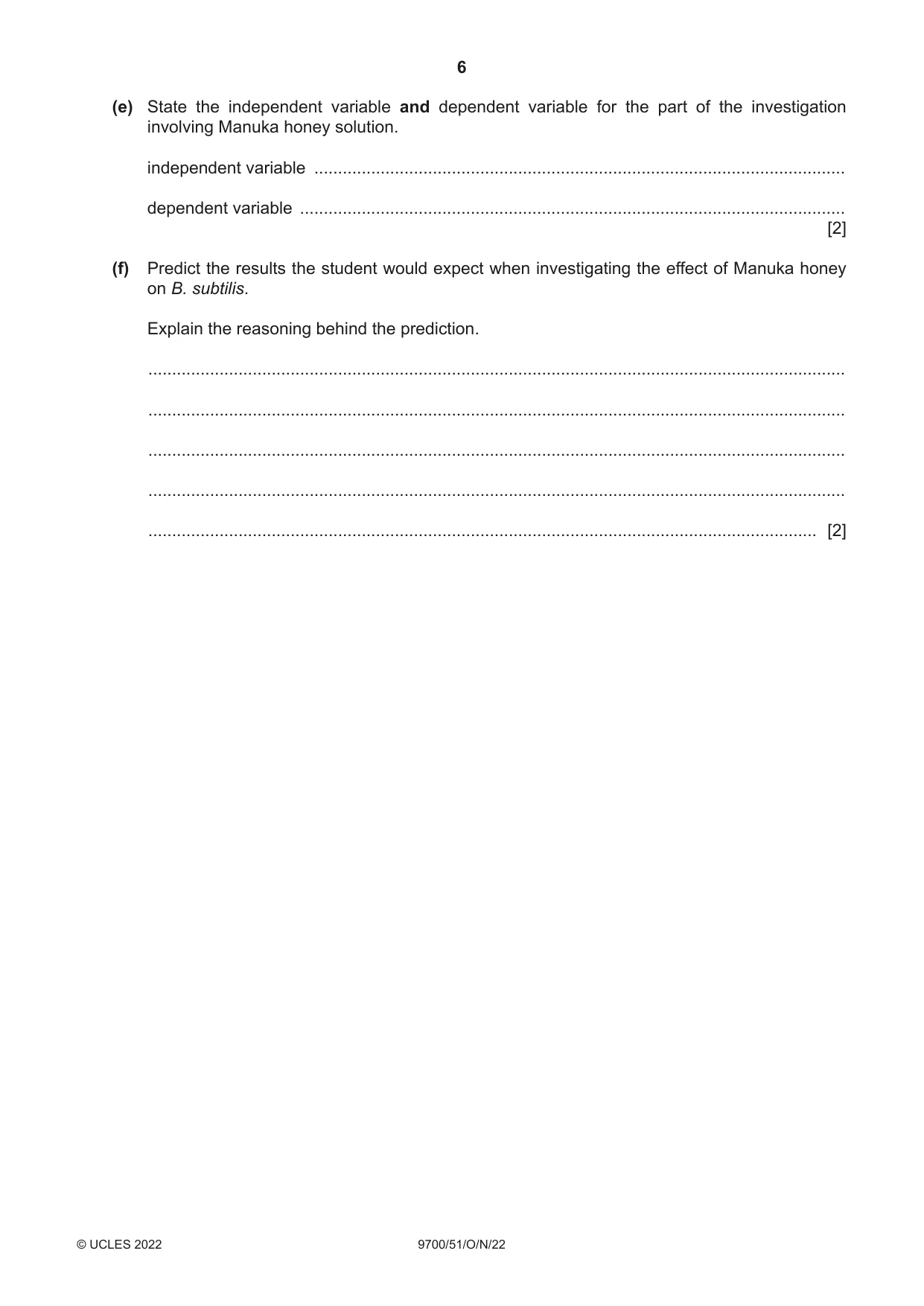 Cambridge A Level Biology 9700 2022 Oct/Nov Paper 5 · Variant 1 question paper, page 6 of 16