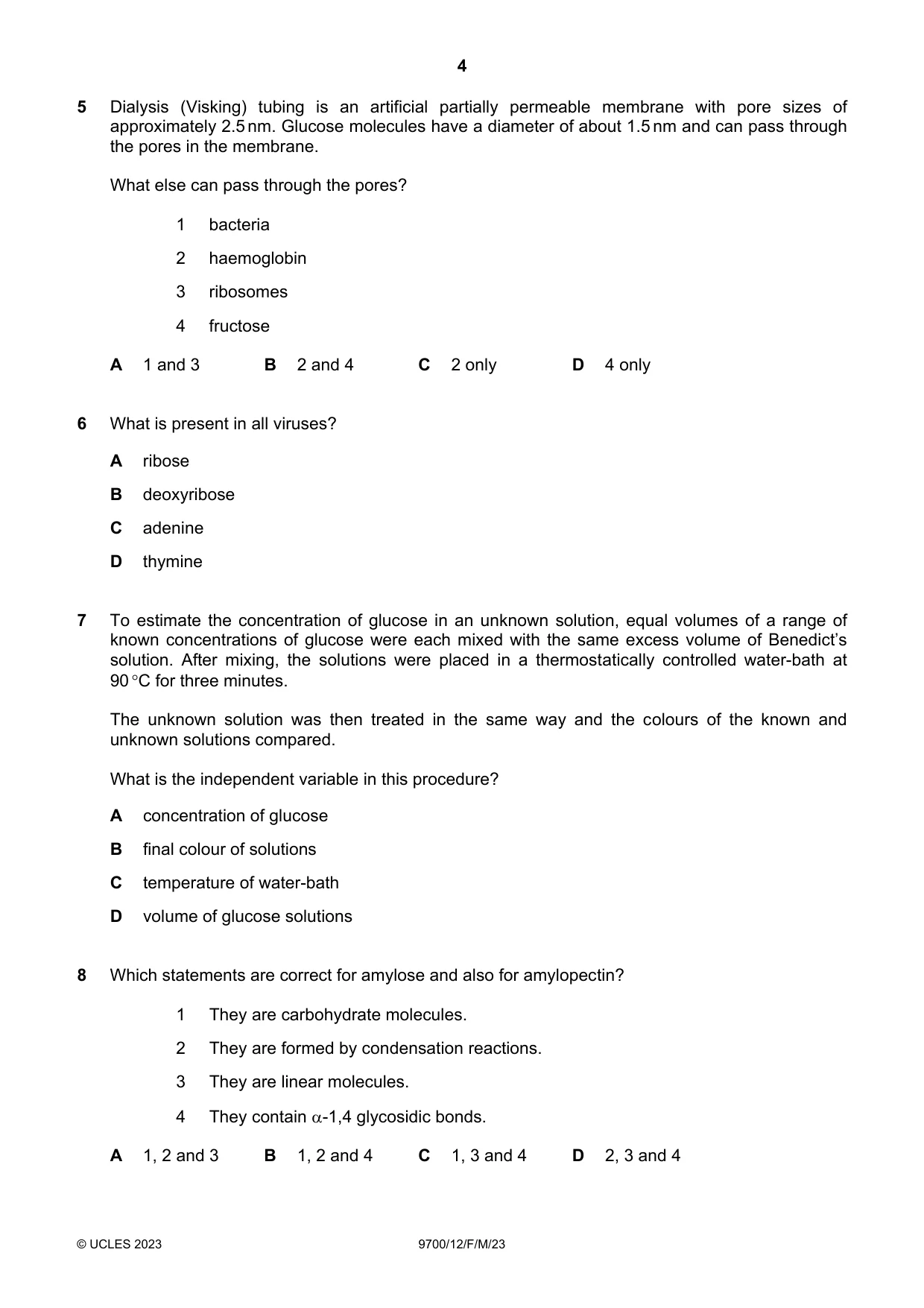 Cambridge A Level Biology 9700 2023 Feb/March Paper 1 · Variant 2 question paper, page 4 of 16