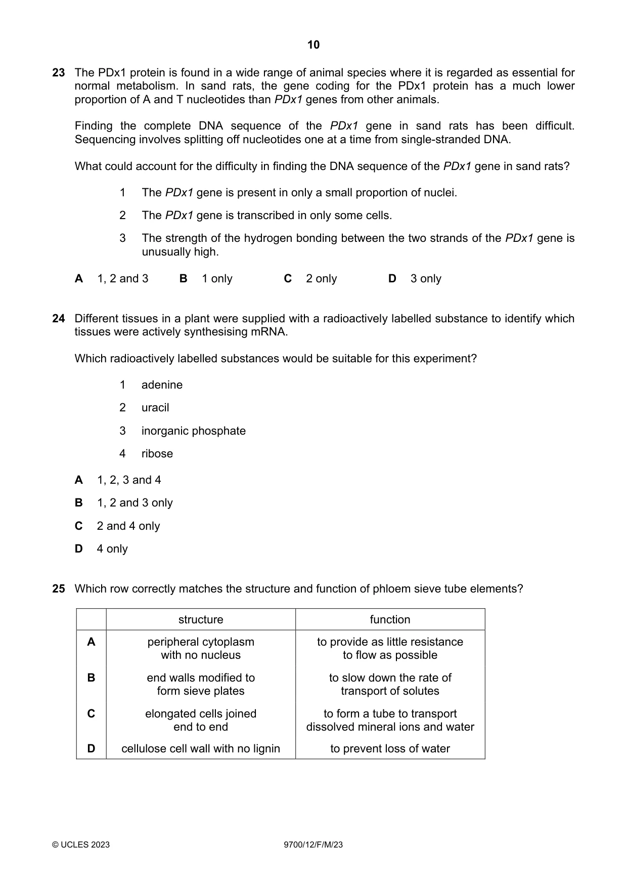 Cambridge A Level Biology 9700 2023 Feb/March Paper 1 · Variant 2 question paper, page 10 of 16