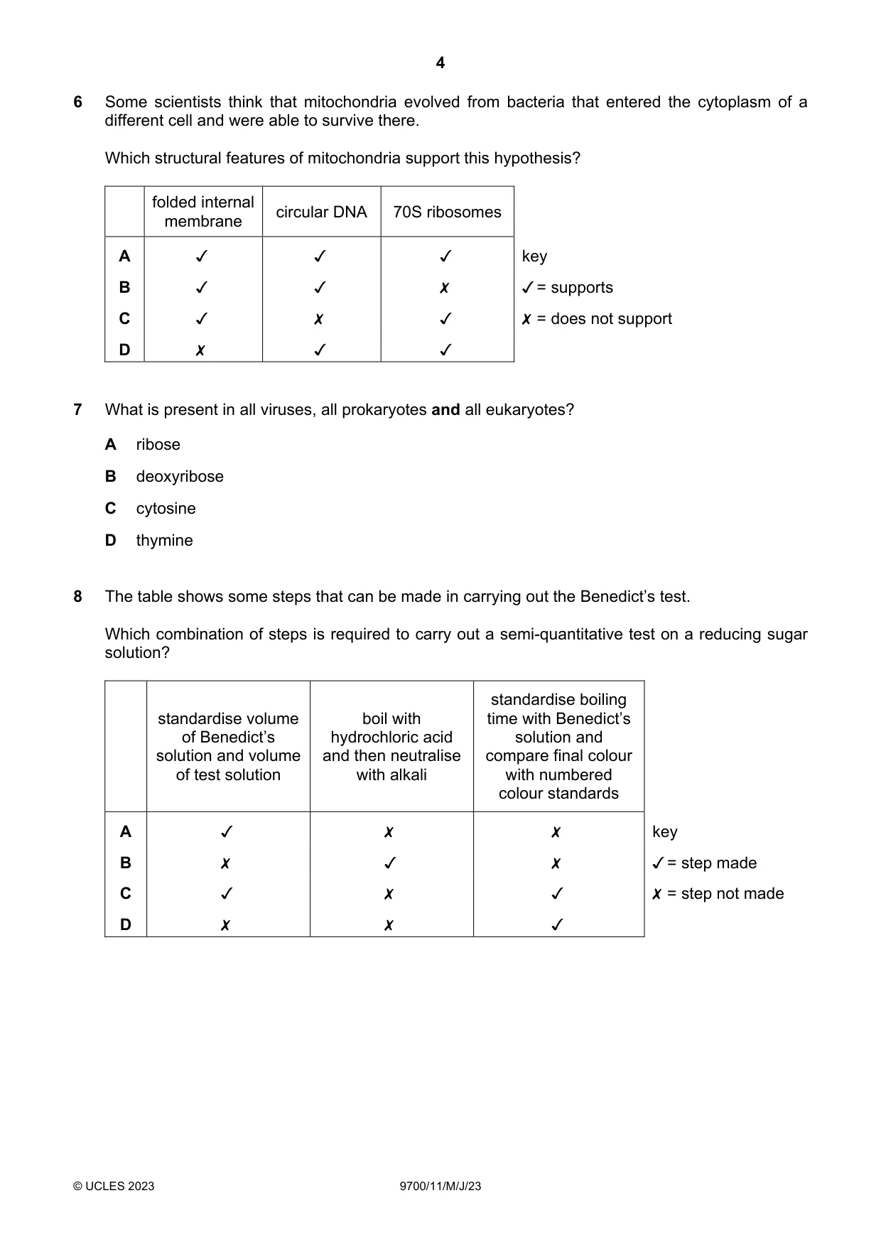 Cambridge A Level Biology 9700 2023 May/June Paper 1 · Variant 1 question paper, page 4 of 20
