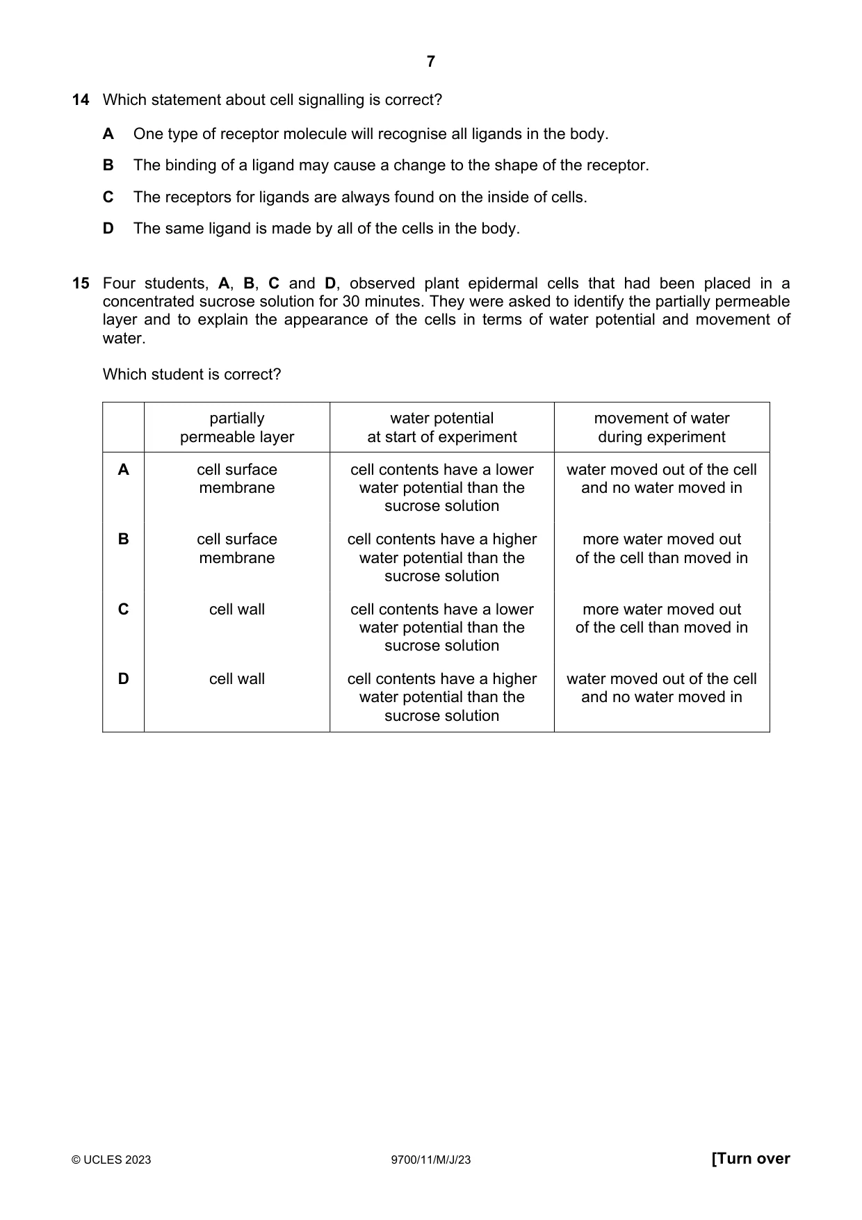Cambridge A Level Biology 9700 2023 May/June Paper 1 · Variant 1 question paper, page 7 of 20