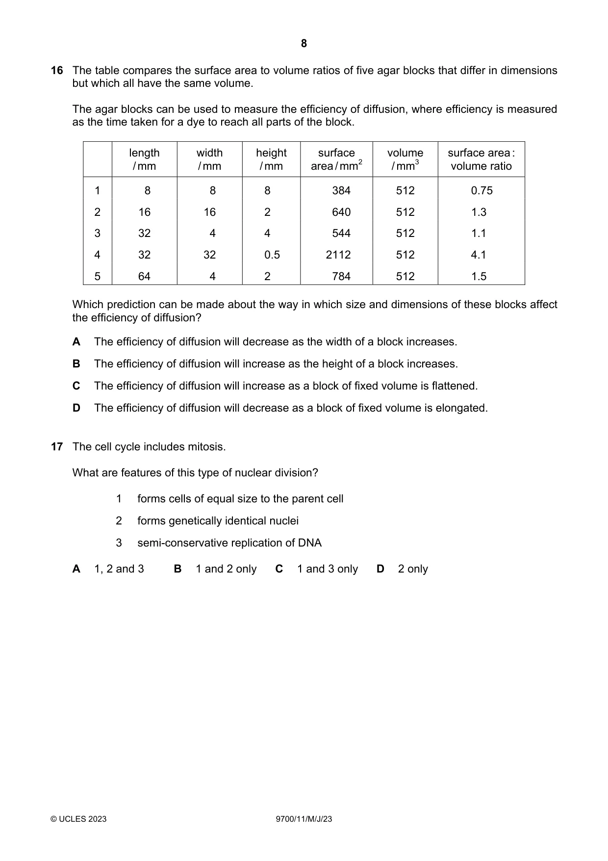 Cambridge A Level Biology 9700 2023 May/June Paper 1 · Variant 1 question paper, page 8 of 20