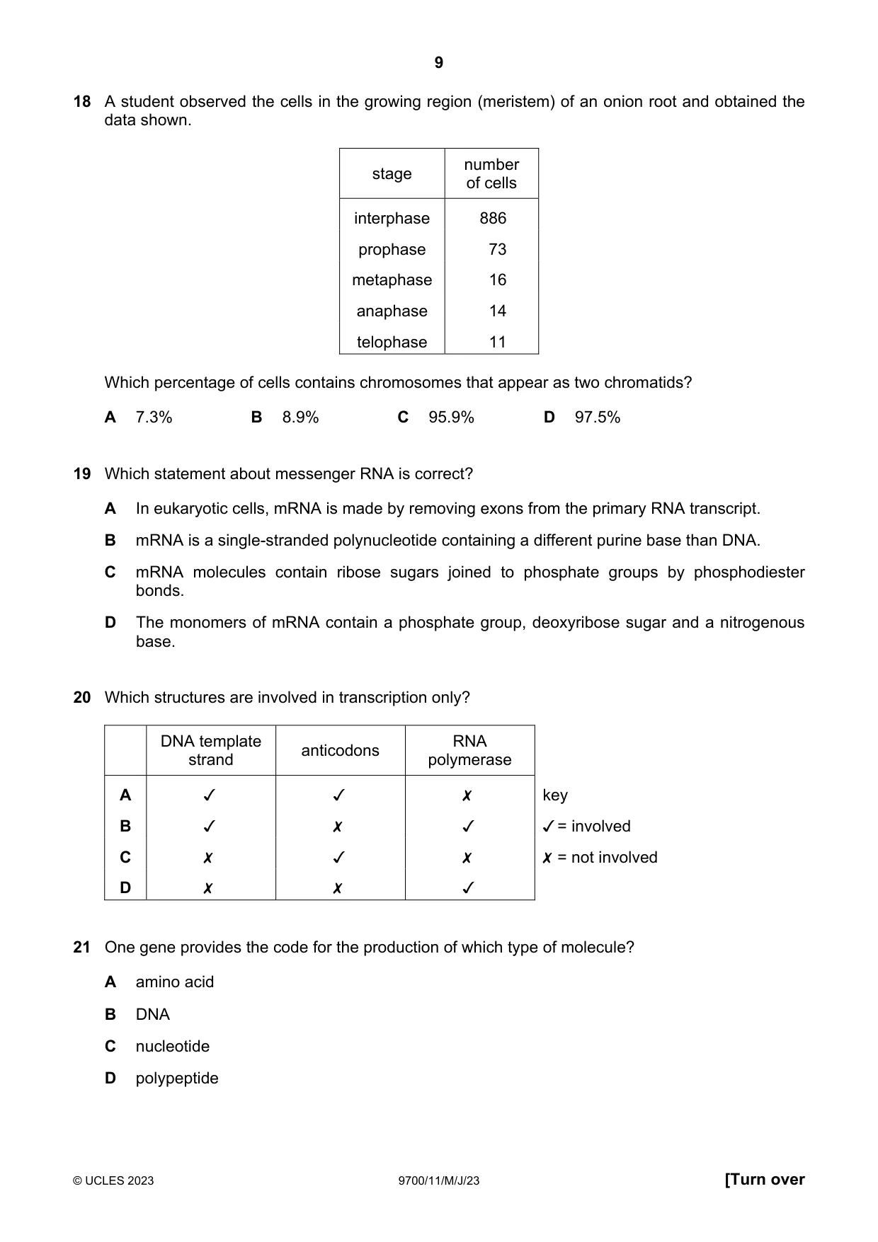 Cambridge A Level Biology 9700 2023 May/June Paper 1 · Variant 1 question paper, page 9 of 20