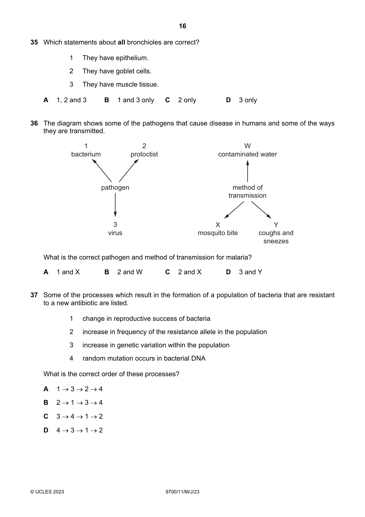 Cambridge A Level Biology 9700 2023 May/June Paper 1 · Variant 1 question paper, page 16 of 20