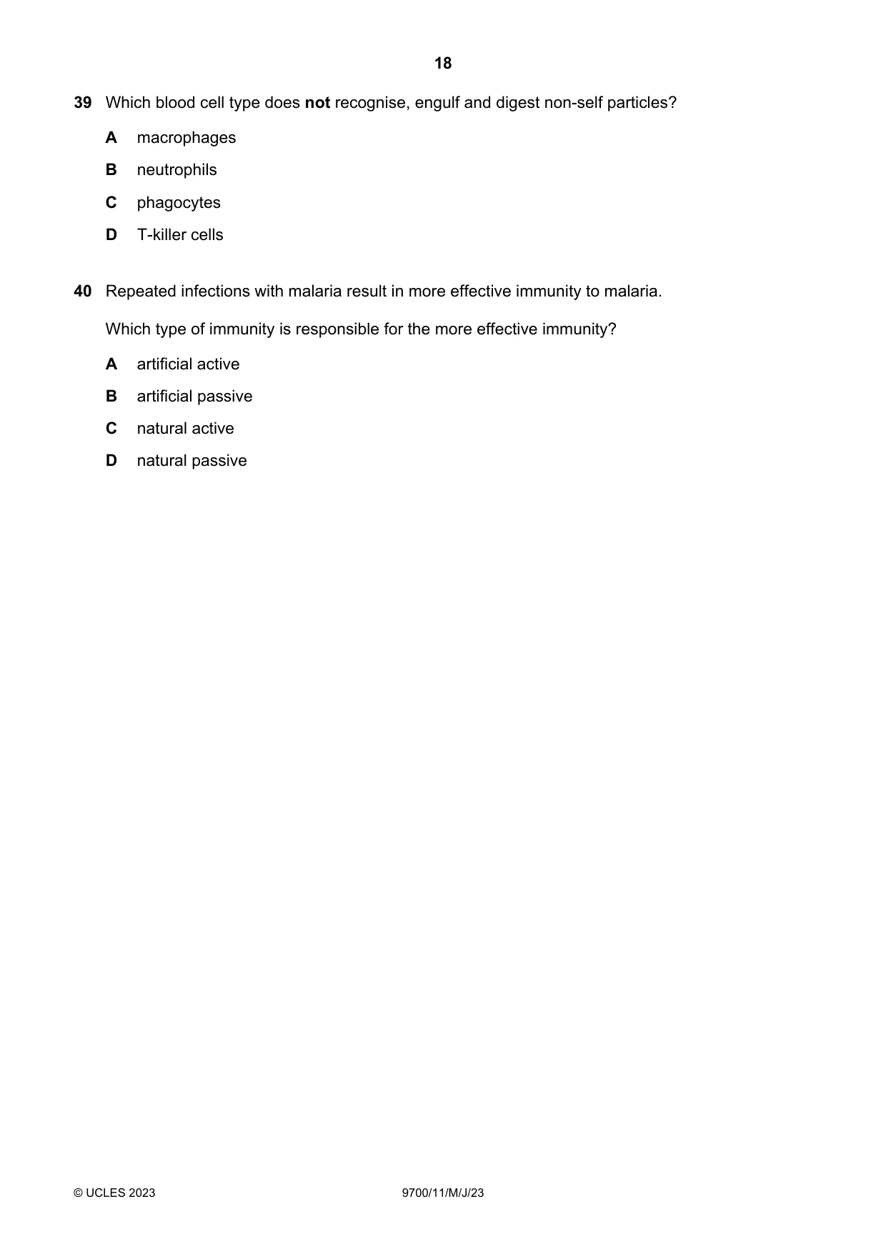 Cambridge A Level Biology 9700 2023 May/June Paper 1 · Variant 1 question paper, page 18 of 20