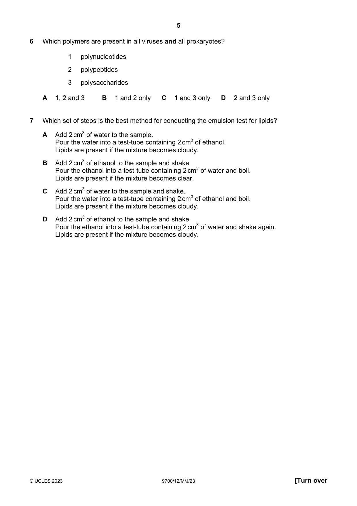 Cambridge A Level Biology 9700 2023 May/June Paper 1 · Variant 2 question paper, page 5 of 20
