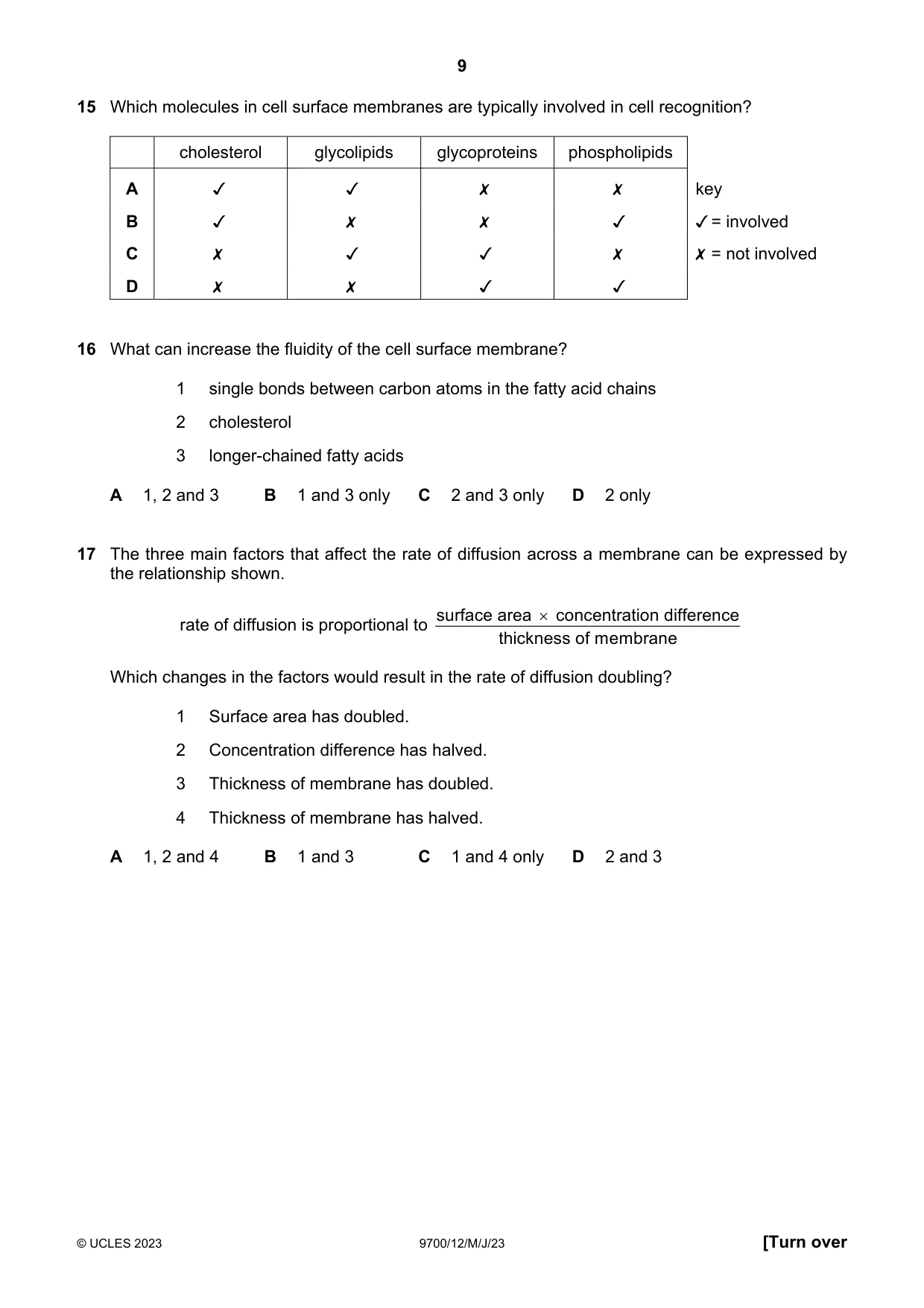 Cambridge A Level Biology 9700 2023 May/June Paper 1 · Variant 2 question paper, page 9 of 20