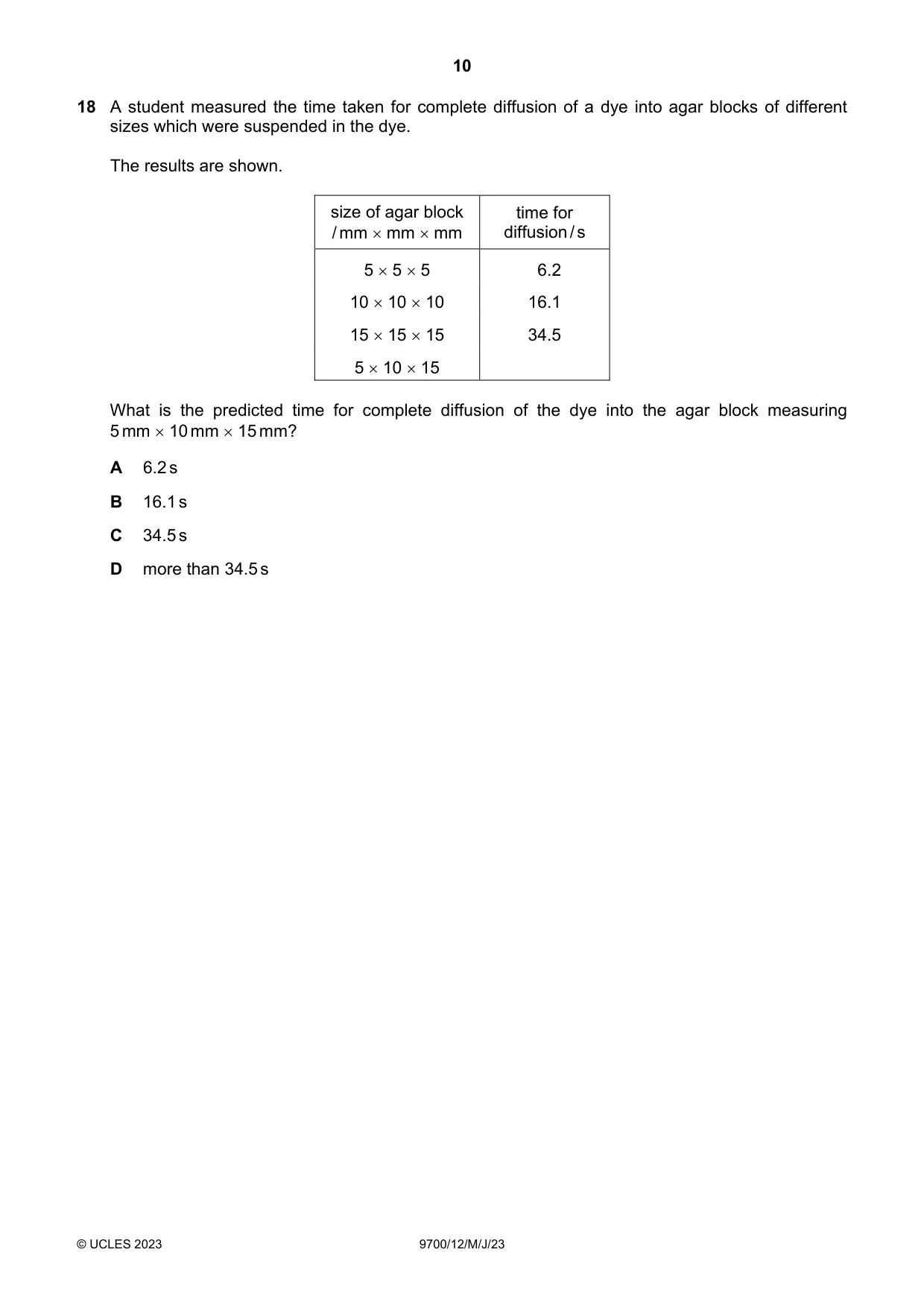 Cambridge A Level Biology 9700 2023 May/June Paper 1 · Variant 2 question paper, page 10 of 20