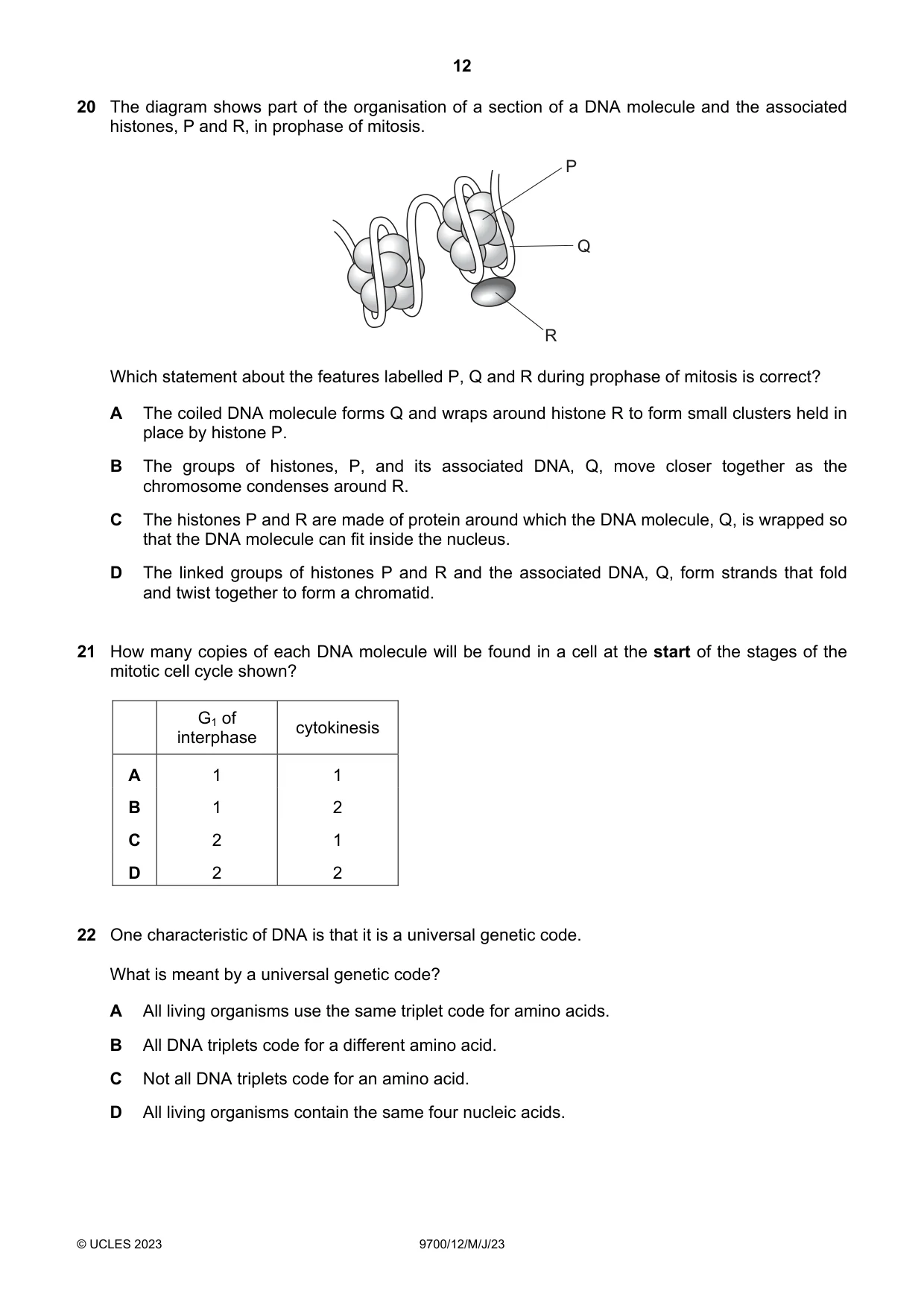 Cambridge A Level Biology 9700 2023 May/June Paper 1 · Variant 2 question paper, page 12 of 20