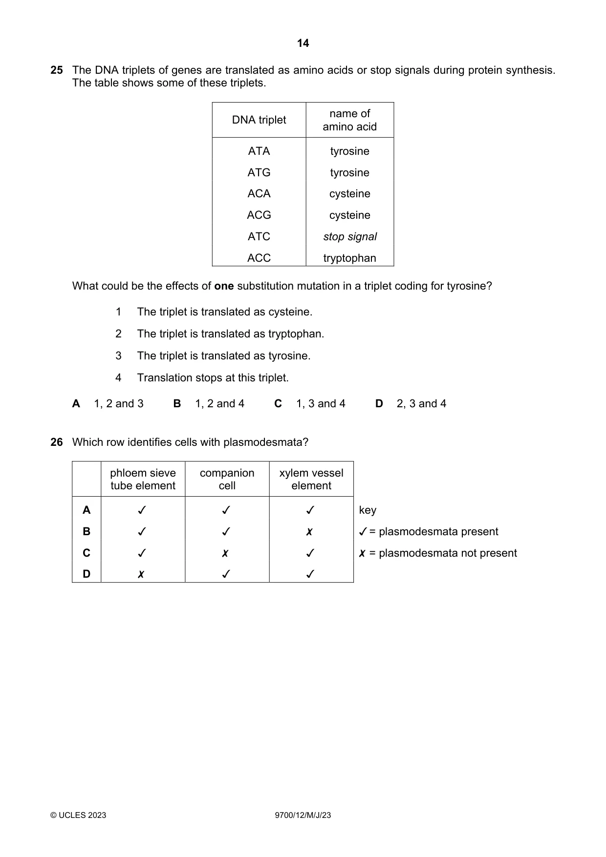 Cambridge A Level Biology 9700 2023 May/June Paper 1 · Variant 2 question paper, page 14 of 20