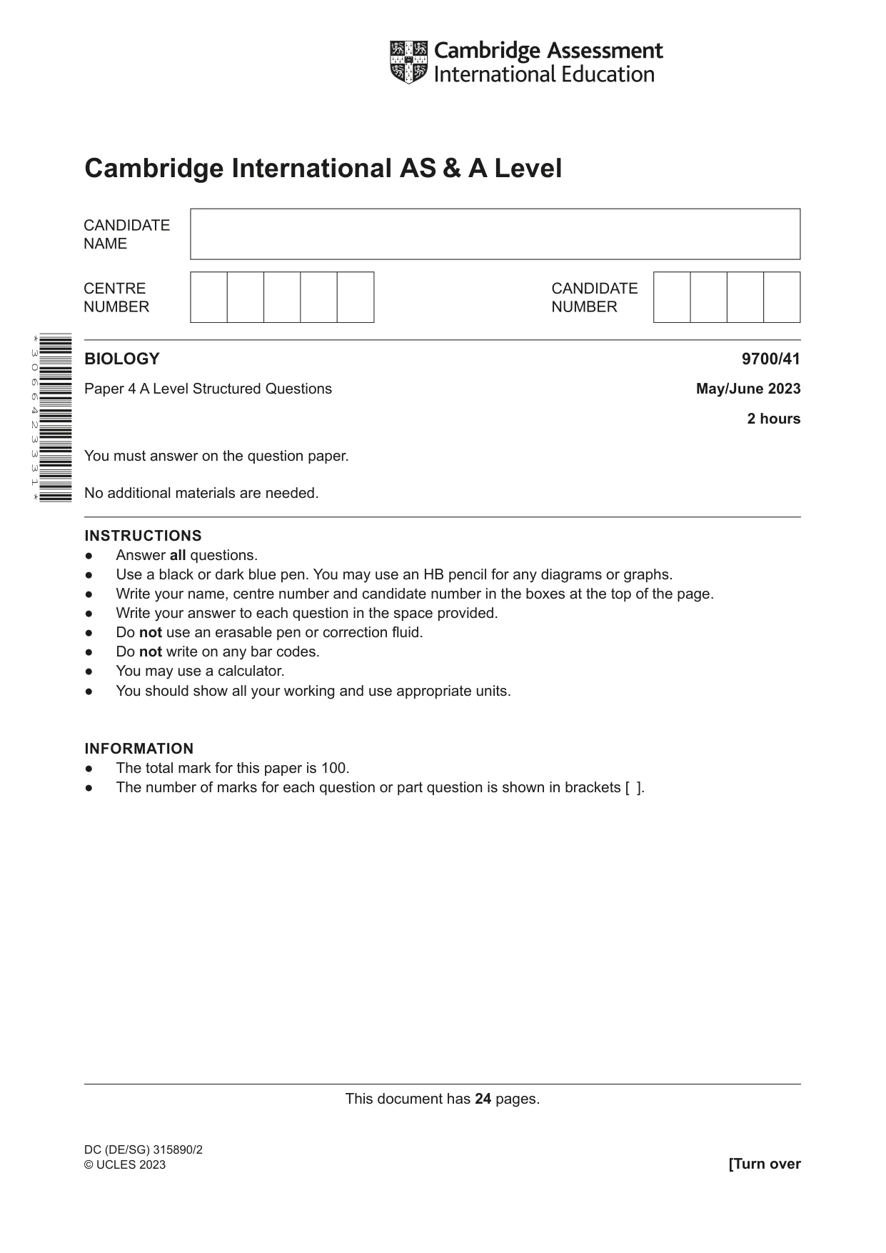 Cambridge A Level Biology 9700 2023 May/June Paper 4 · Variant 1 question paper, page 1 of 24