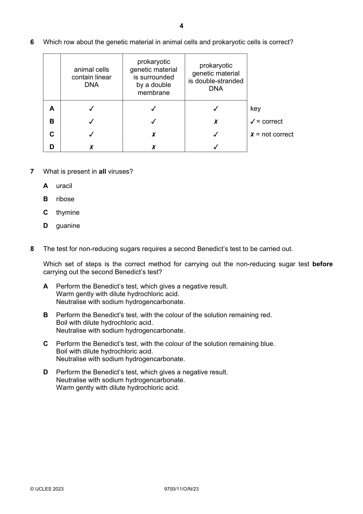 Cambridge A Level Biology 9700 2023 Oct/Nov Paper 1 · Variant 1 question paper, page 4 of 20