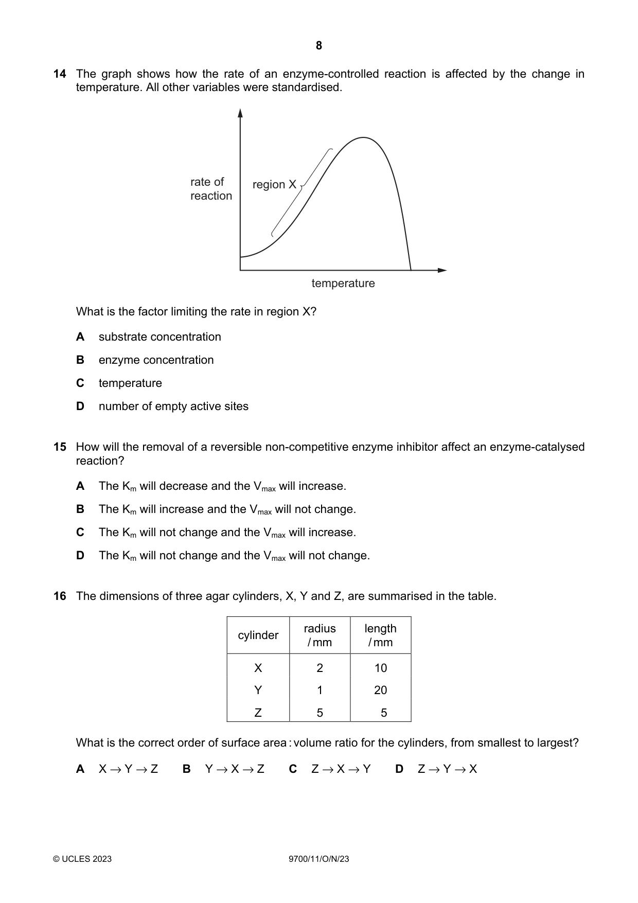 Cambridge A Level Biology 9700 2023 Oct/Nov Paper 1 · Variant 1 question paper, page 8 of 20