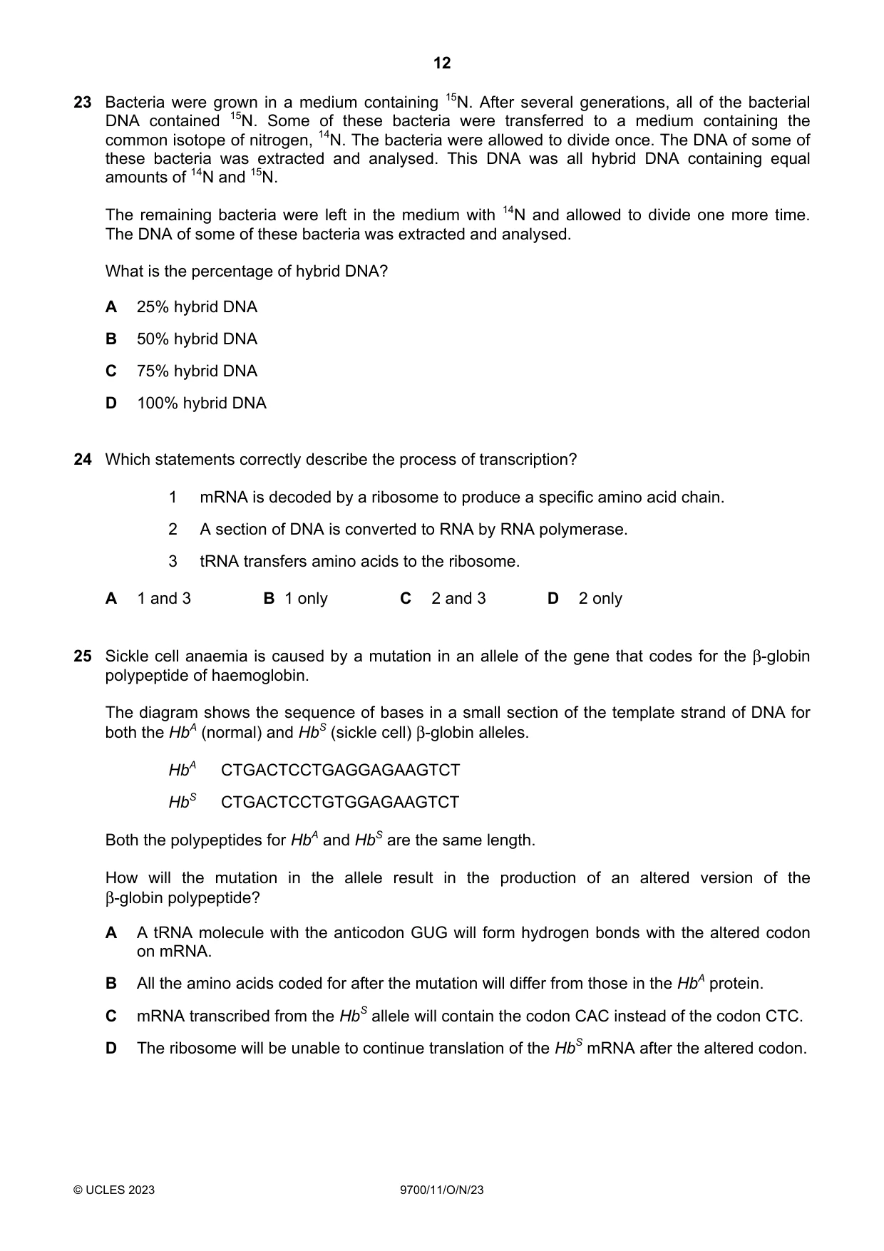 Cambridge A Level Biology 9700 2023 Oct/Nov Paper 1 · Variant 1 question paper, page 12 of 20
