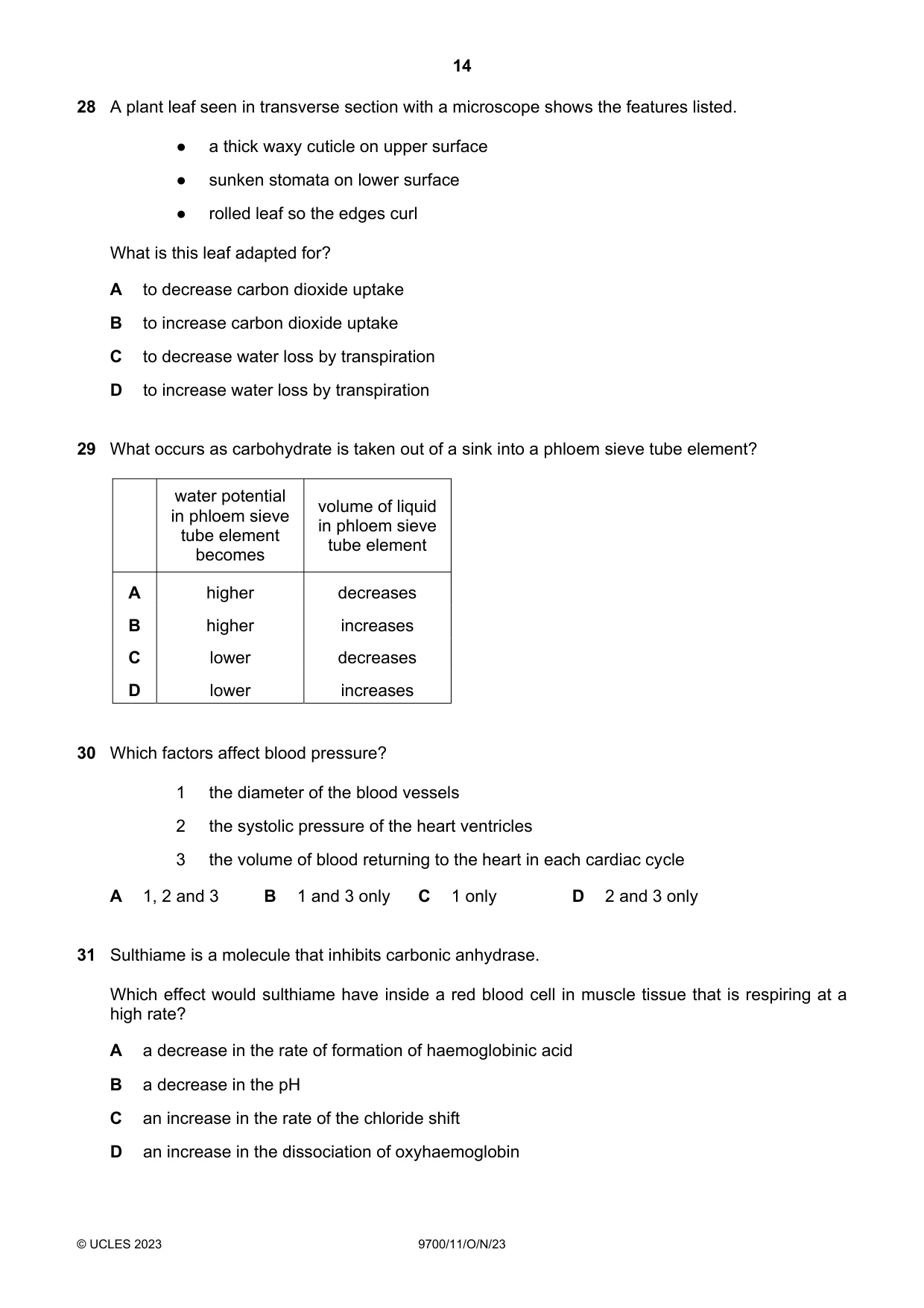 Cambridge A Level Biology 9700 2023 Oct/Nov Paper 1 · Variant 1 question paper, page 14 of 20