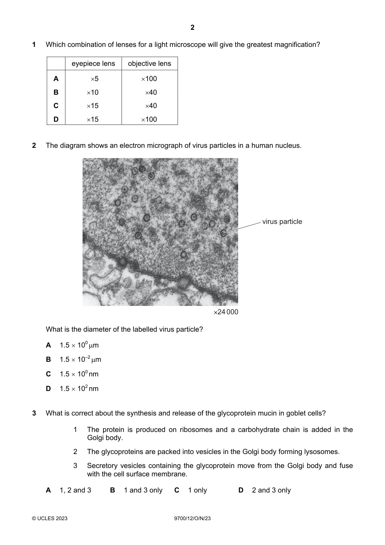Cambridge A Level Biology 9700 2023 Oct/Nov Paper 1 · Variant 2 question paper, page 2 of 20