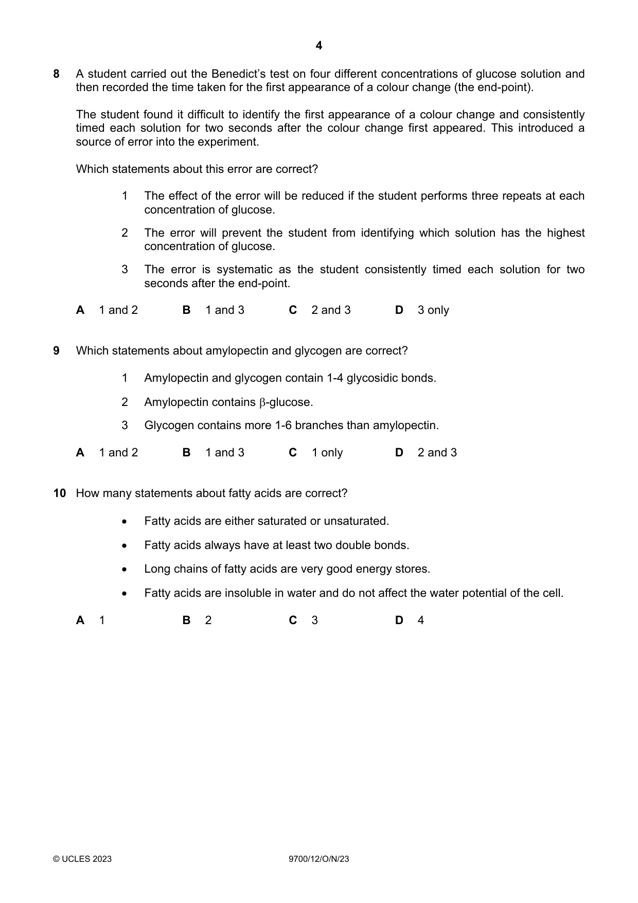 Cambridge A Level Biology 9700 2023 Oct/Nov Paper 1 · Variant 2 question paper, page 4 of 20