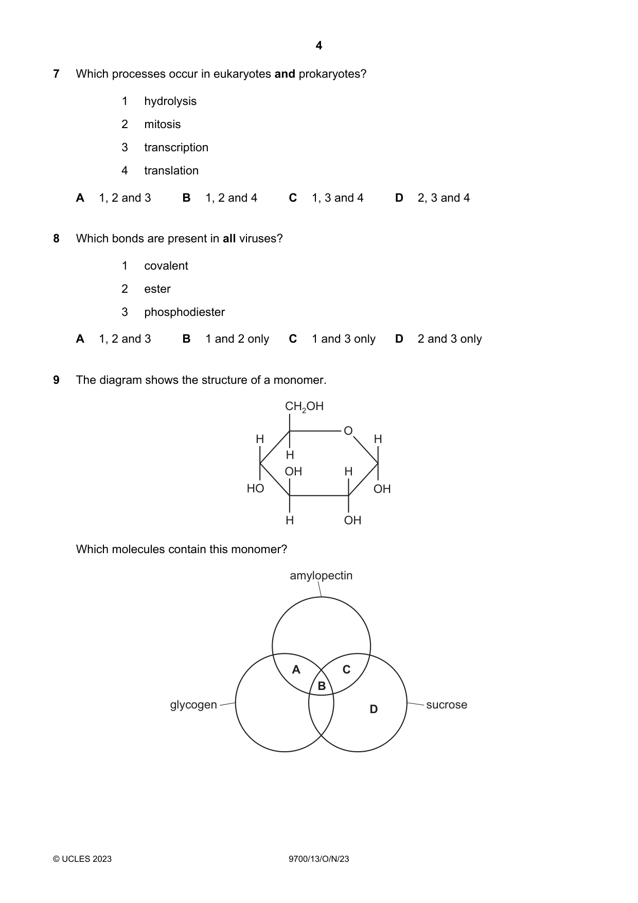 Cambridge A Level Biology 9700 2023 Oct/Nov Paper 1 · Variant 3 question paper, page 4 of 16