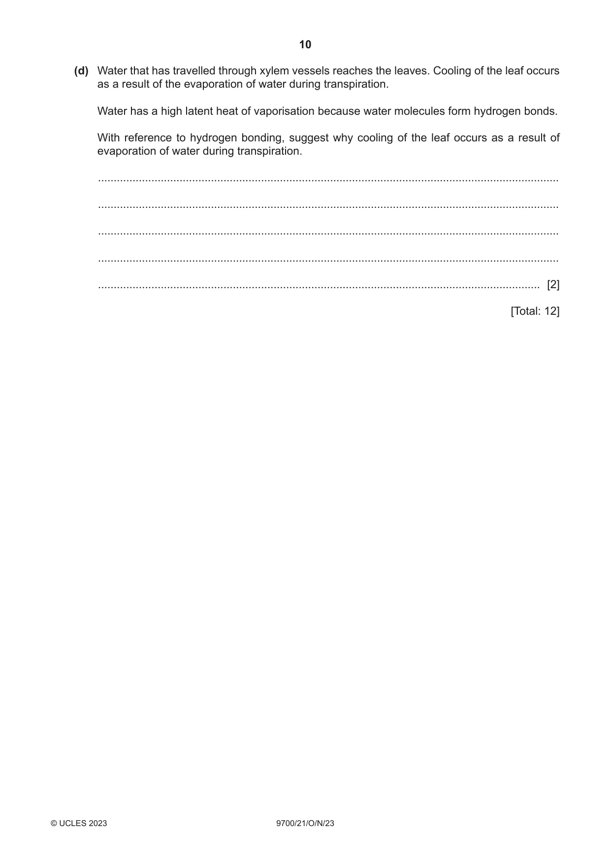 Cambridge A Level Biology 9700 2023 Oct/Nov Paper 2 · Variant 1 question paper, page 10 of 20