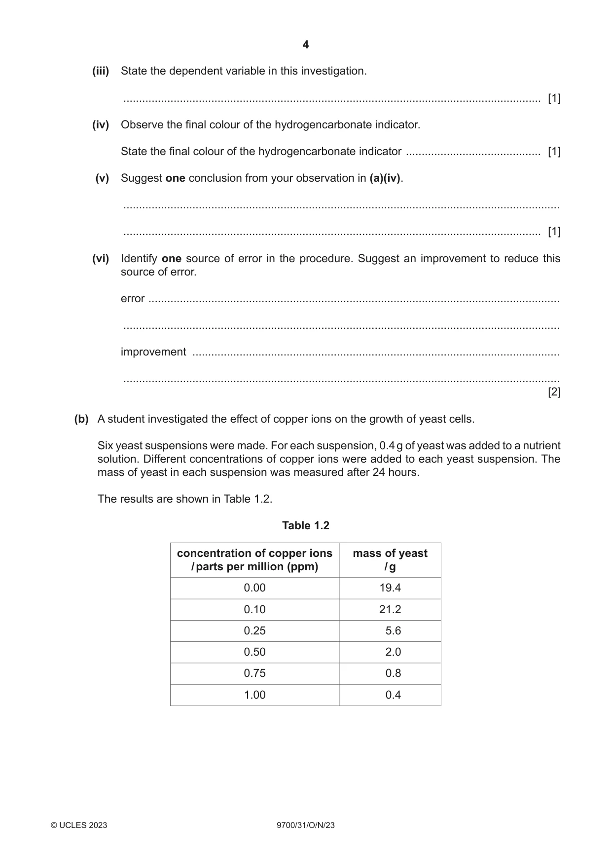 Cambridge A Level Biology 9700 2023 Oct/Nov Paper 3 · Variant 1 question paper, page 4 of 12