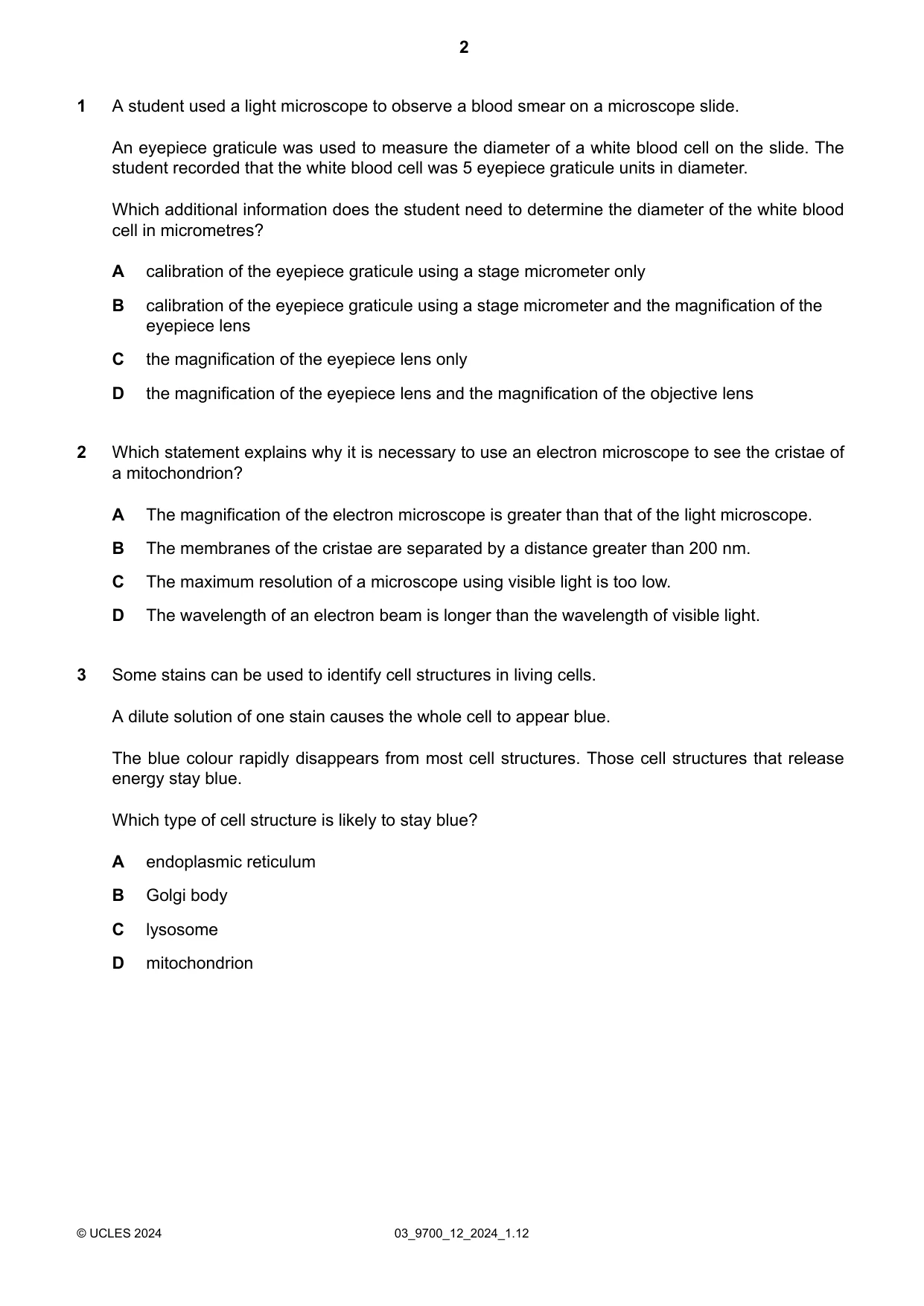 Cambridge A Level Biology 9700 2024 Feb/March Paper 1 · Variant 2 question paper, page 2 of 20
