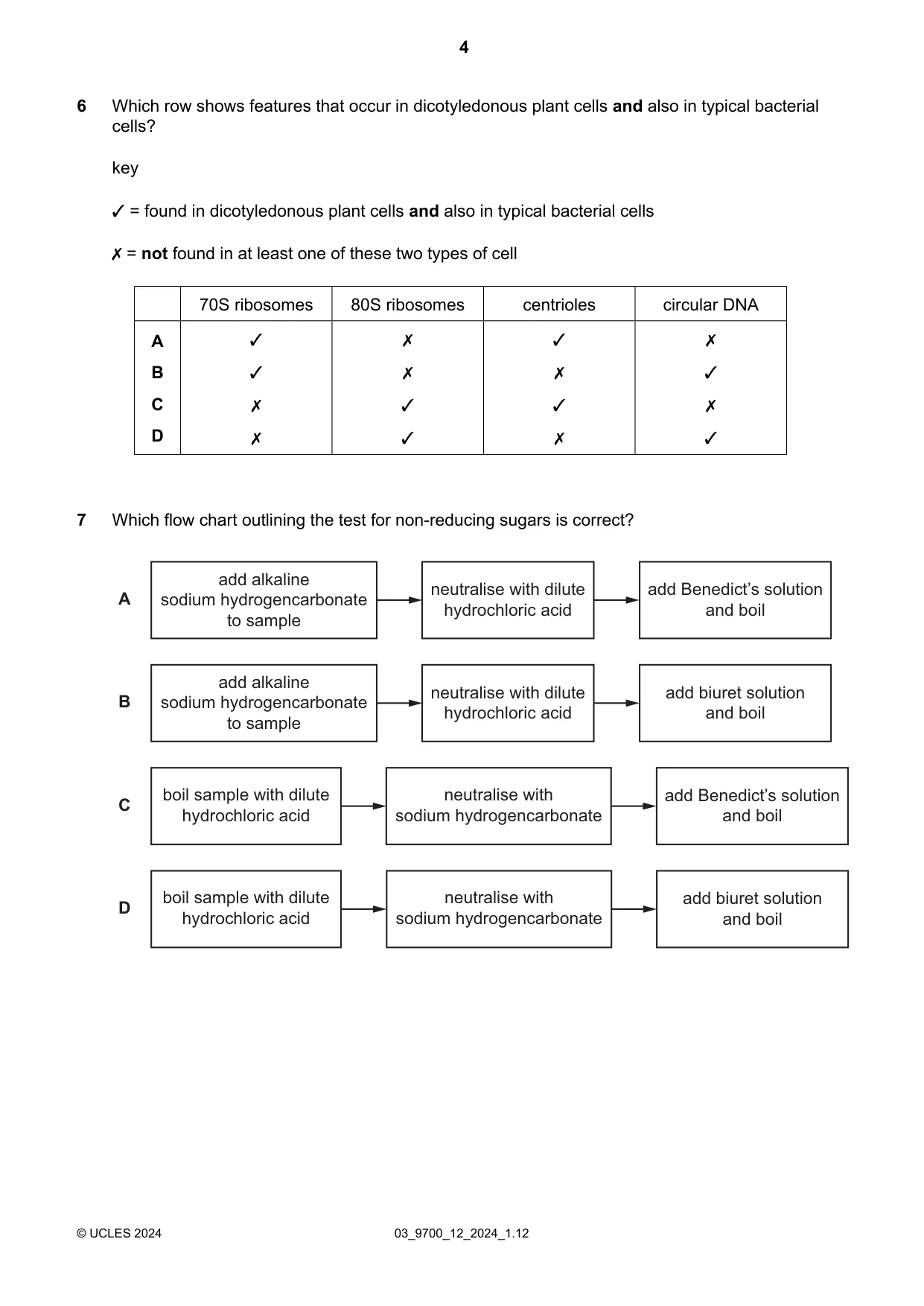 Cambridge A Level Biology 9700 2024 Feb/March Paper 1 · Variant 2 question paper, page 4 of 20