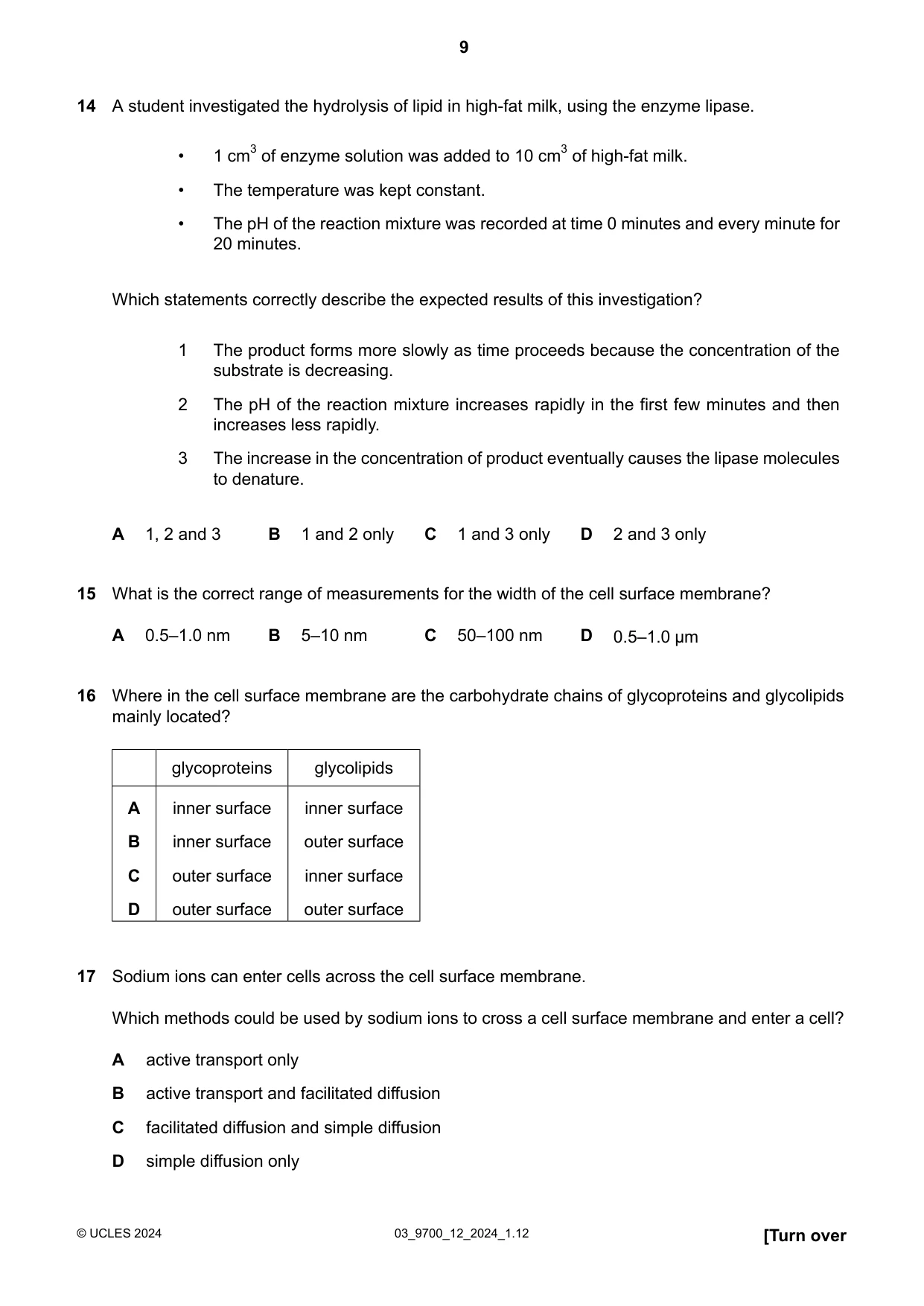 Cambridge A Level Biology 9700 2024 Feb/March Paper 1 · Variant 2 question paper, page 9 of 20