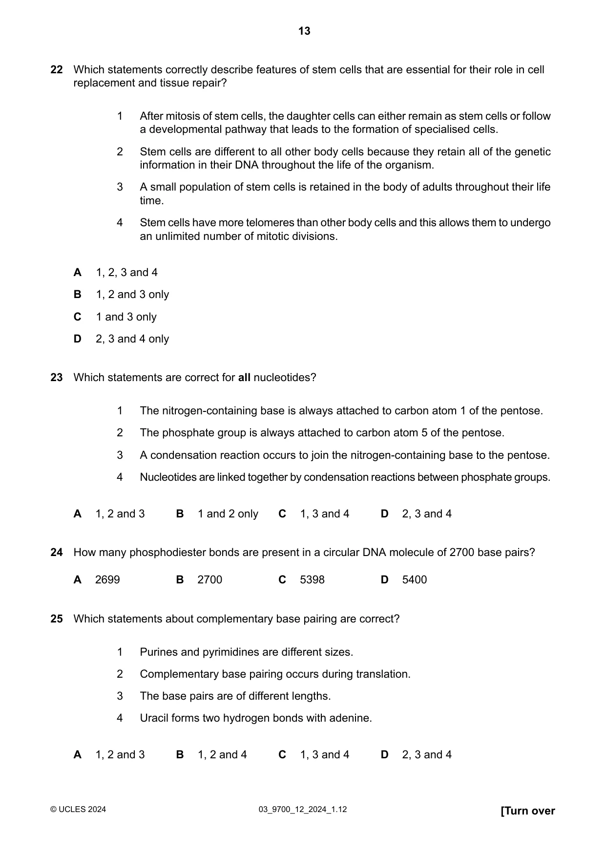 Cambridge A Level Biology 9700 2024 Feb/March Paper 1 · Variant 2 question paper, page 13 of 20
