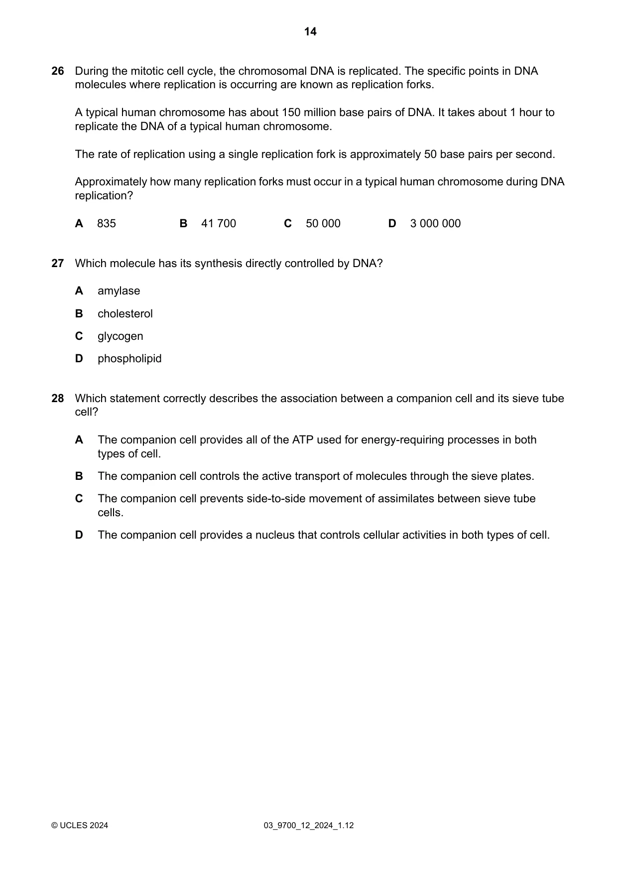 Cambridge A Level Biology 9700 2024 Feb/March Paper 1 · Variant 2 question paper, page 14 of 20