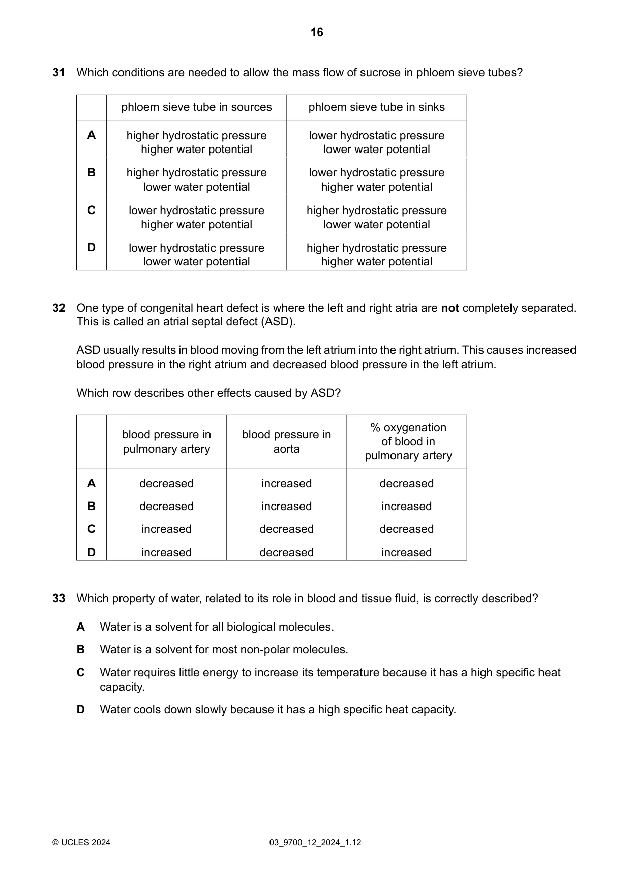 Cambridge A Level Biology 9700 2024 Feb/March Paper 1 · Variant 2 question paper, page 16 of 20