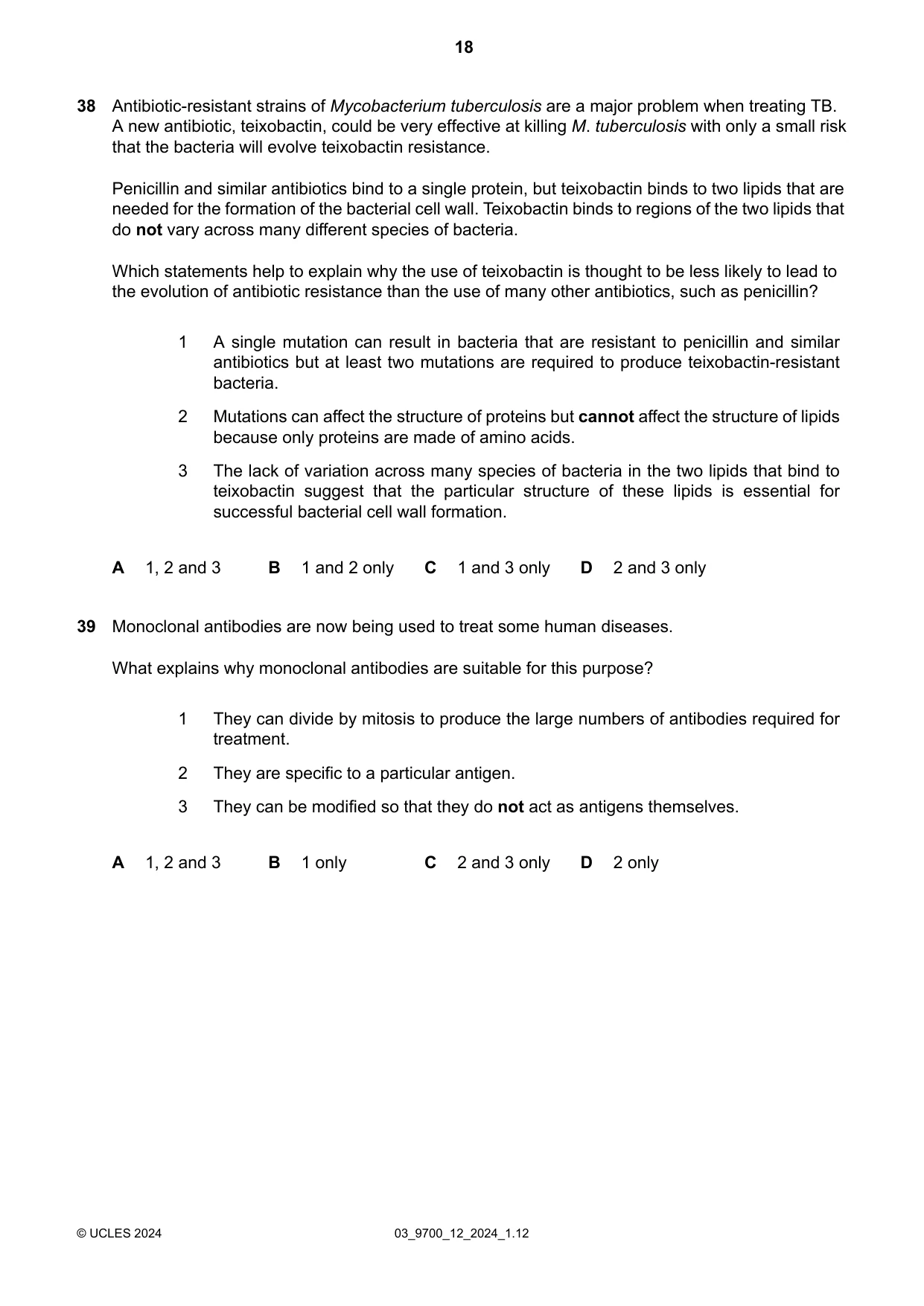 Cambridge A Level Biology 9700 2024 Feb/March Paper 1 · Variant 2 question paper, page 18 of 20