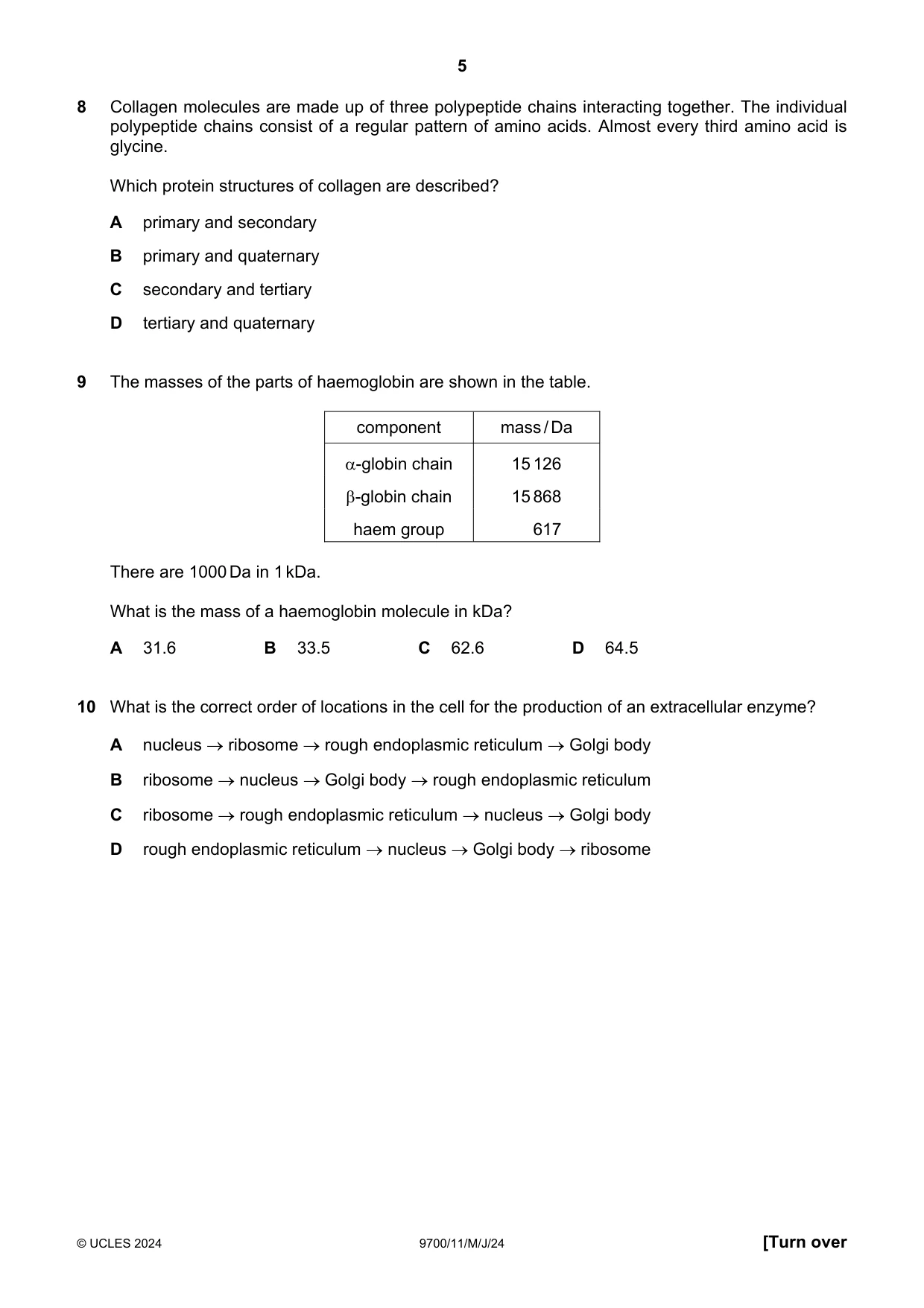 Cambridge A Level Biology 9700 2024 May/June Paper 1 · Variant 1 question paper, page 5 of 20