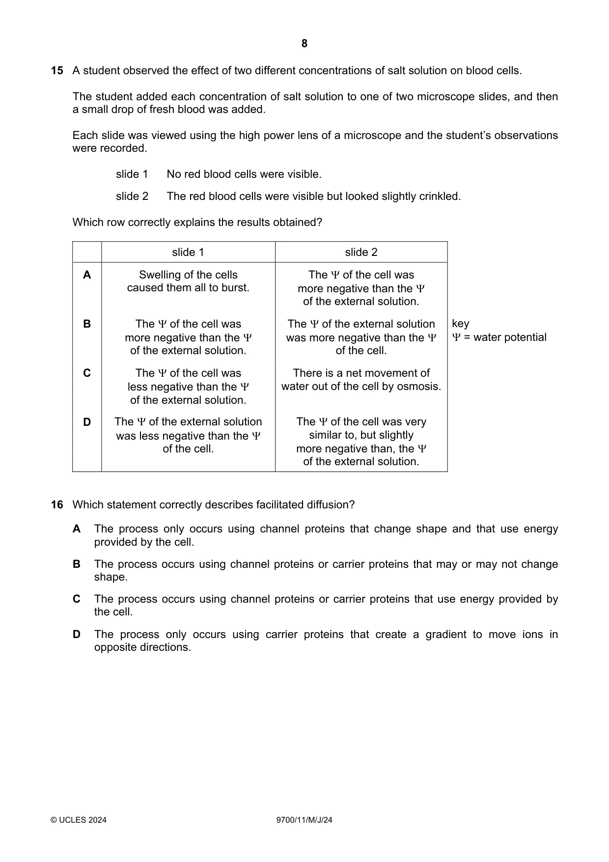 Cambridge A Level Biology 9700 2024 May/June Paper 1 · Variant 1 question paper, page 8 of 20
