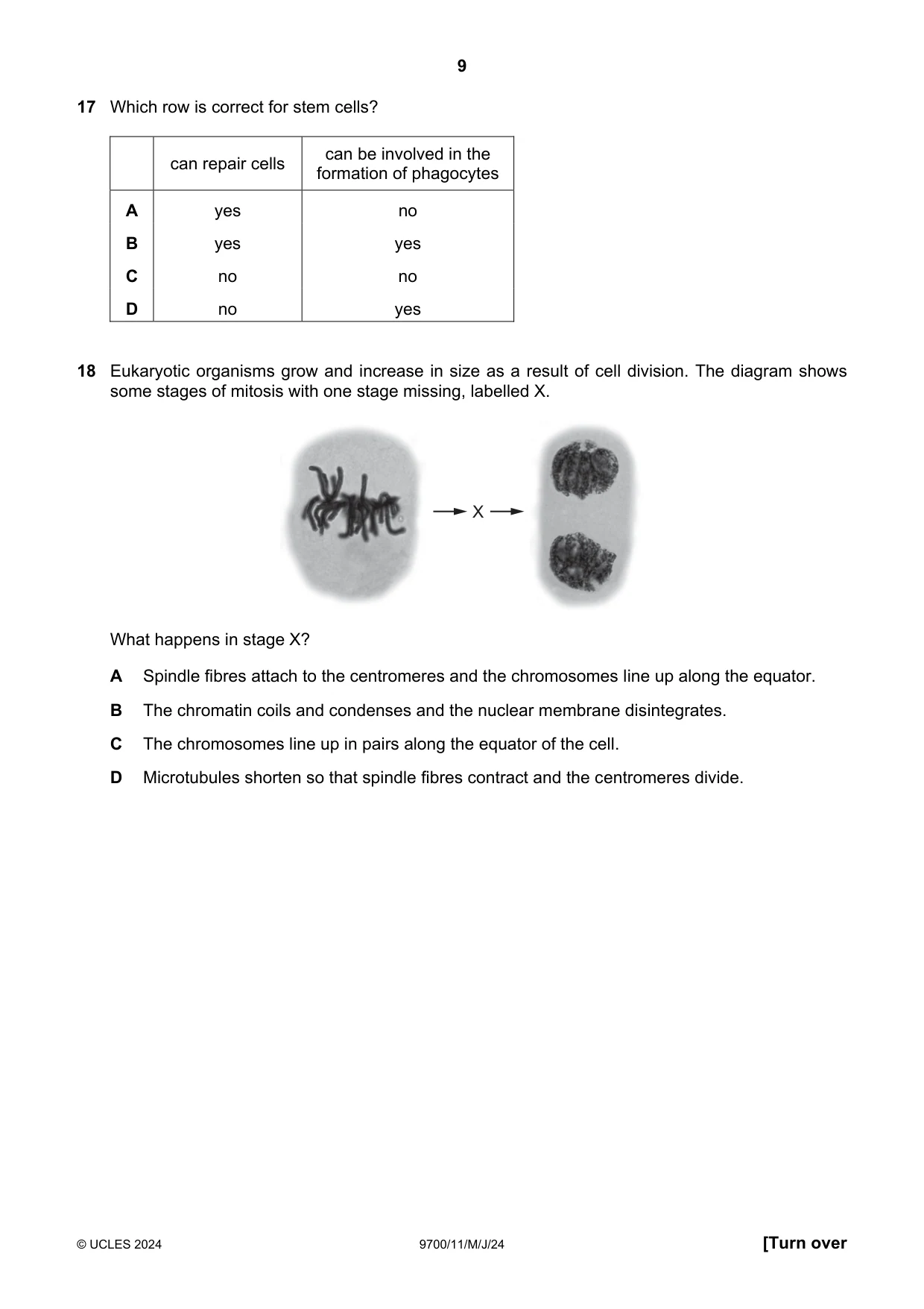 Cambridge A Level Biology 9700 2024 May/June Paper 1 · Variant 1 question paper, page 9 of 20