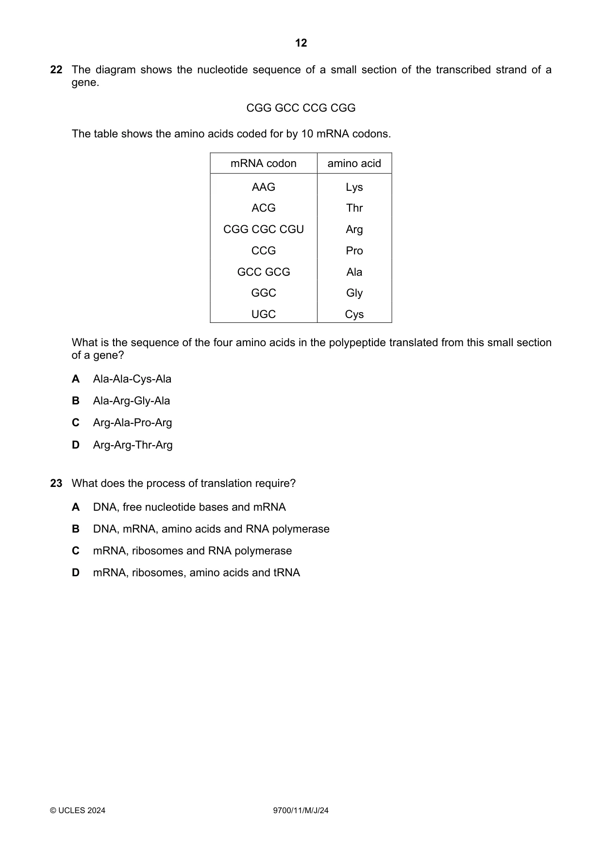 Cambridge A Level Biology 9700 2024 May/June Paper 1 · Variant 1 question paper, page 12 of 20